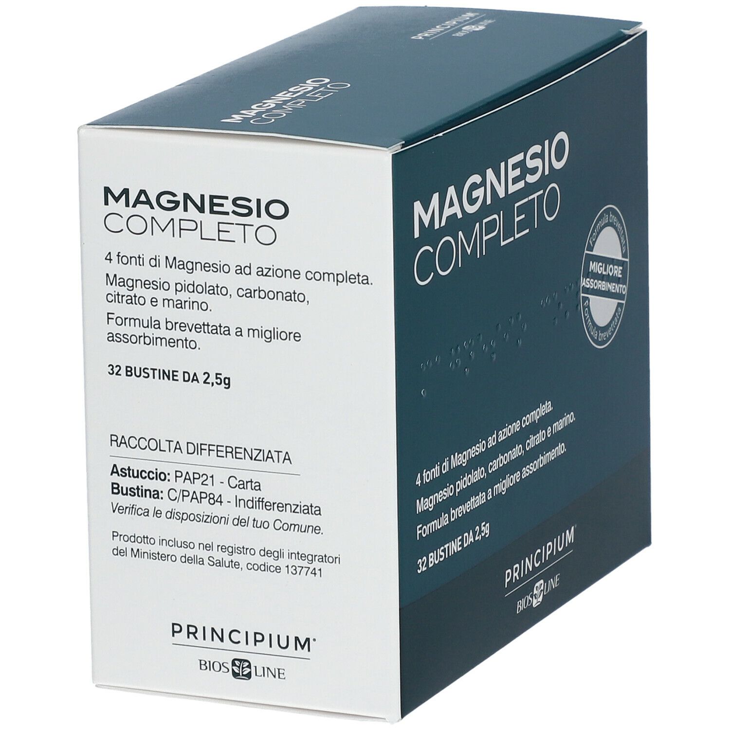 Scatola "MAGNESIO COMPLETO". 32 bustine. Marchio BIOS LINE. Scritta: "Migliore Assorbimento". Testo sugli ingredienti.