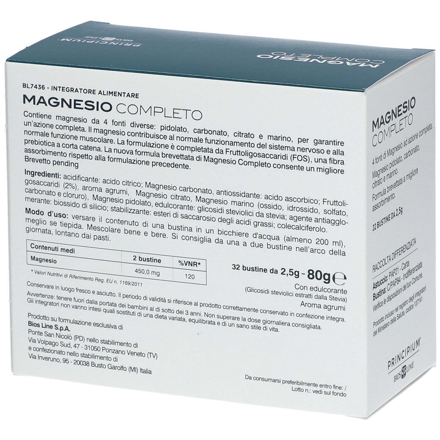 Scatola "MAGNESIO COMPLETO". 32 bustine. Marchio BIOS LINE. Ingredienti, tabella nutrizionale. Testo sugli ingredienti.
