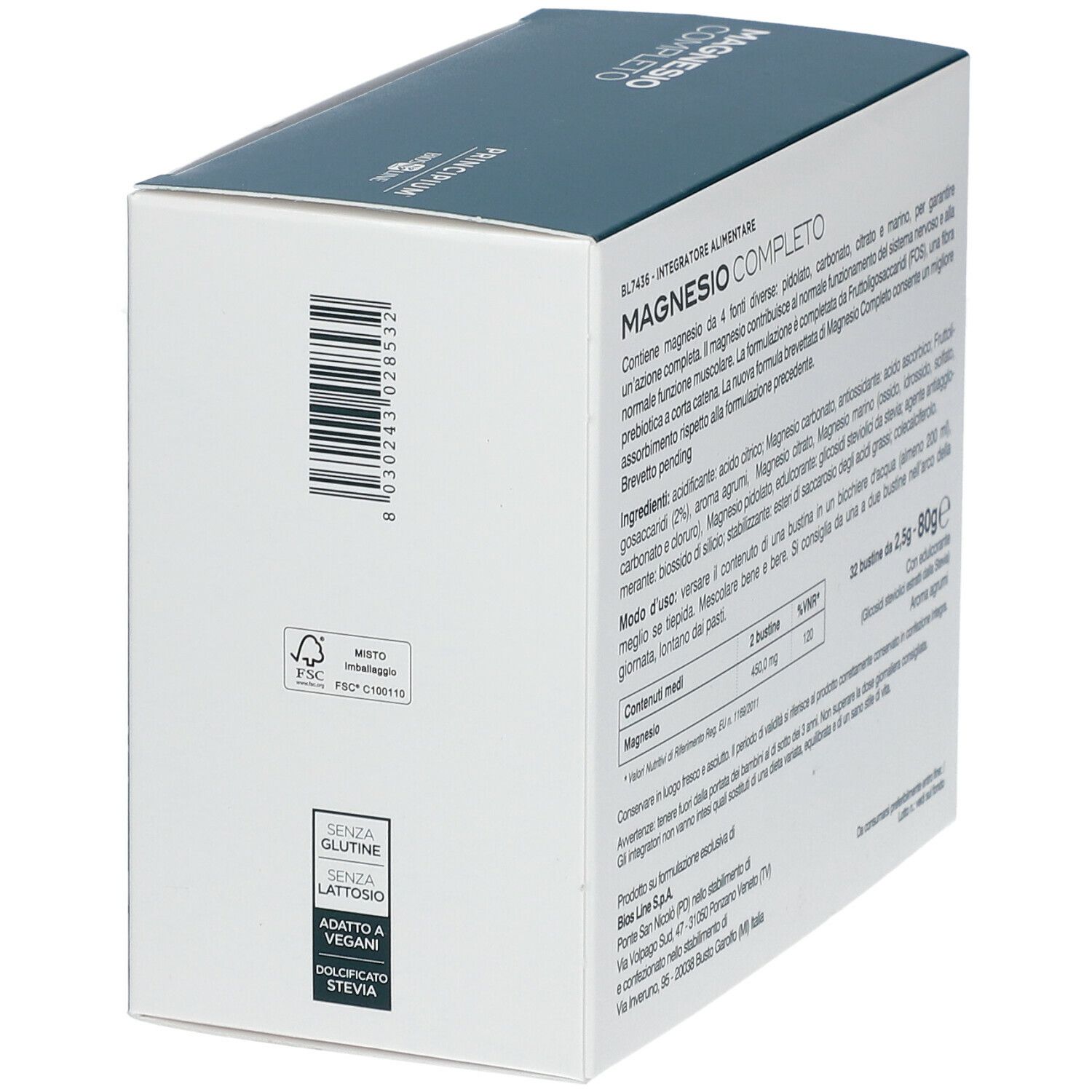Scatola "MAGNESIO COMPLETO". 32 bustine. Marchio BIOS LINE. Ingredienti, tabella nutrizionale. Logo FSC.