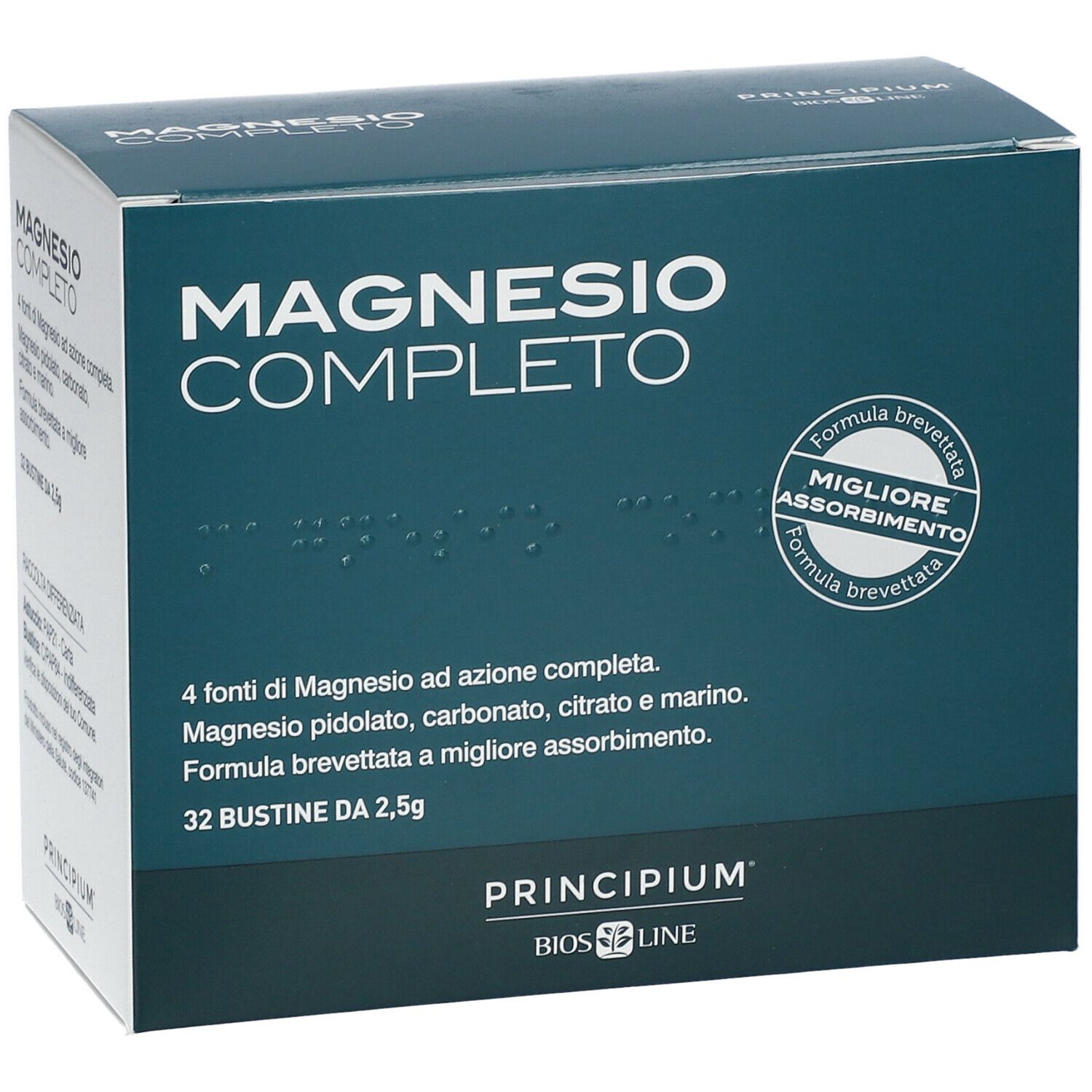 Scatola "MAGNESIO COMPLETO". 32 bustine. Marchio BIOS LINE. Scritta: "Migliore Assorbimento".