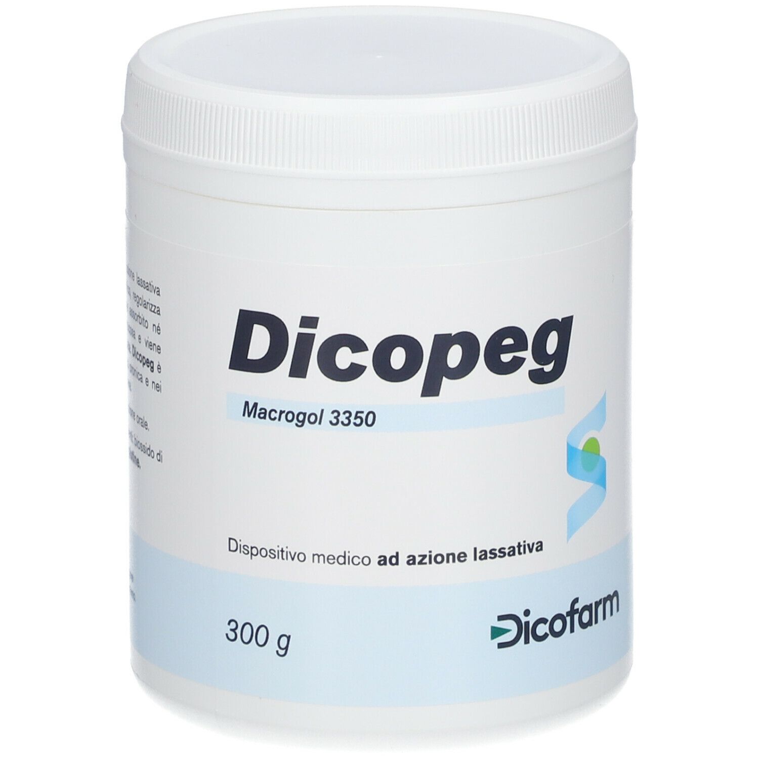 Barattolo bianco con coperchio. Scritta: Dicopeg, Macrogol 3350, 300 g. Logo Dicofarm.