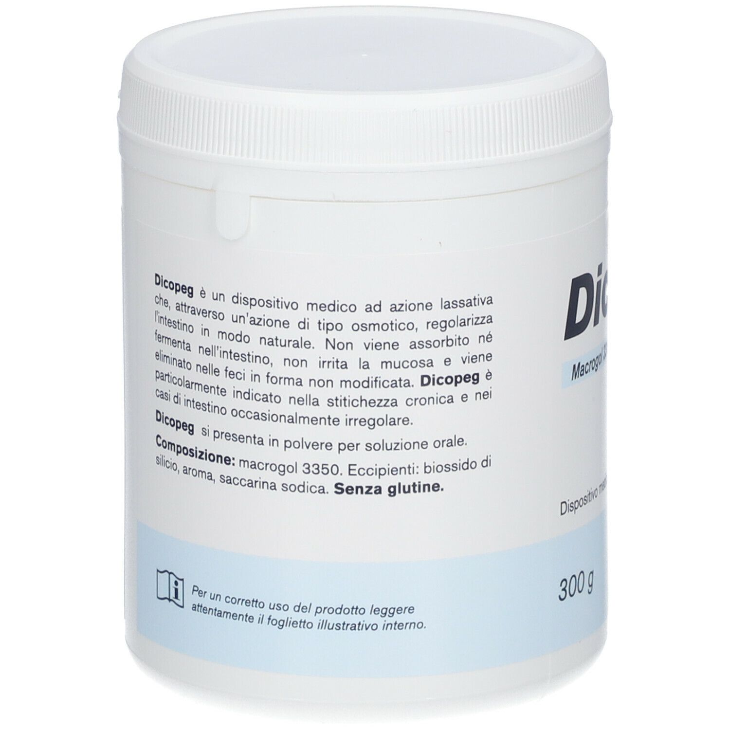 Barattolo bianco con testo. Testo: Dicopeg, Macrogol 3350. Dispositivo medico. 300 g. Logo Dicofarm.