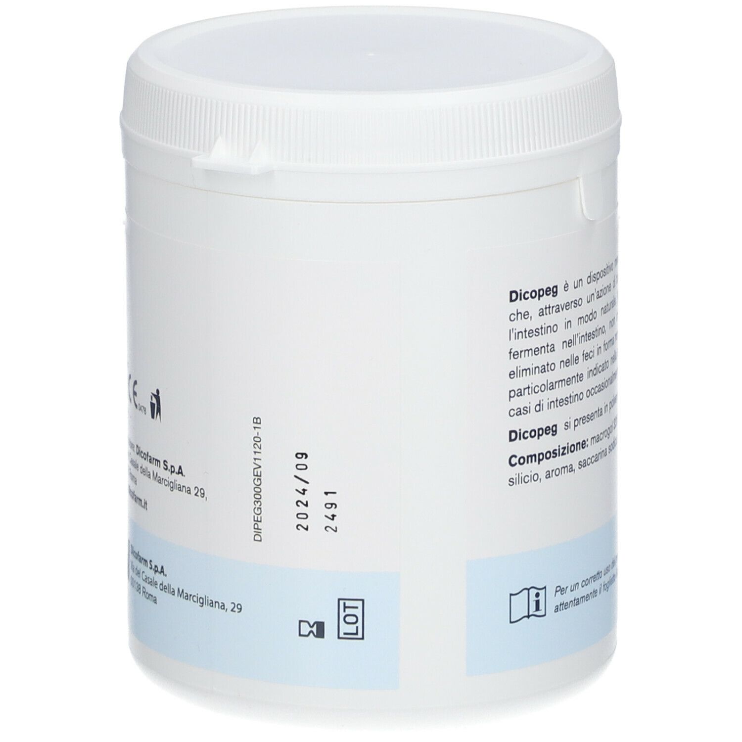 Barattolo bianco con testo e data. Testo: Dicopeg, Macrogol 3350. Dispositivo medico. Logo Dicofarm.