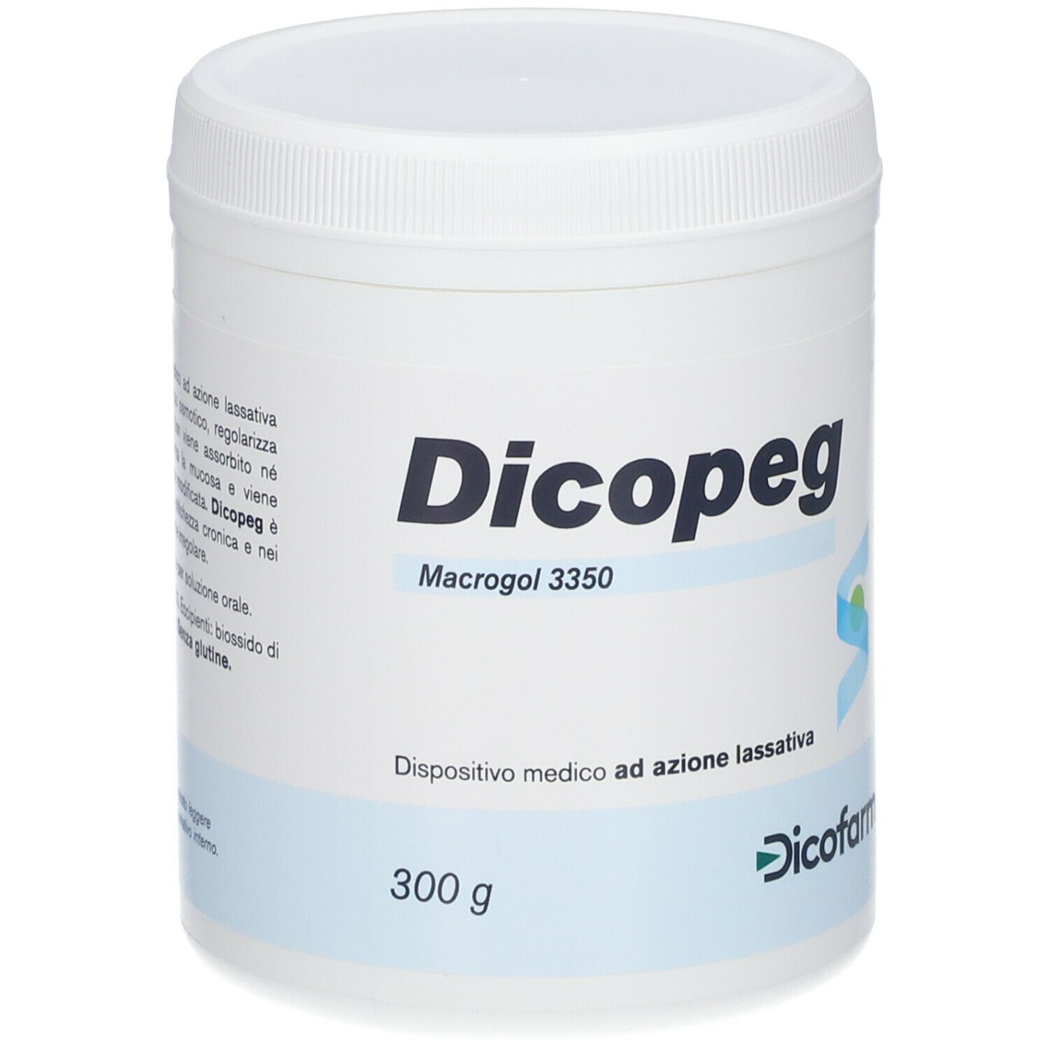 Barattolo bianco con coperchio. Scritta: Dicopeg, Macrogol 3350, 300 g. Logo Dicofarm. Dispositivo medico.