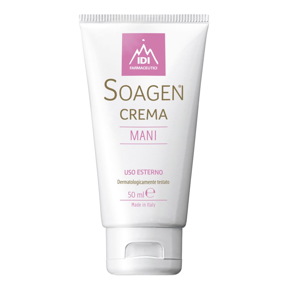 Tubo bianco con logo rosa e scritta "Soagen Crema Mani". Testo: "Uso Esterno", "50 ml", "Made in Italy".
