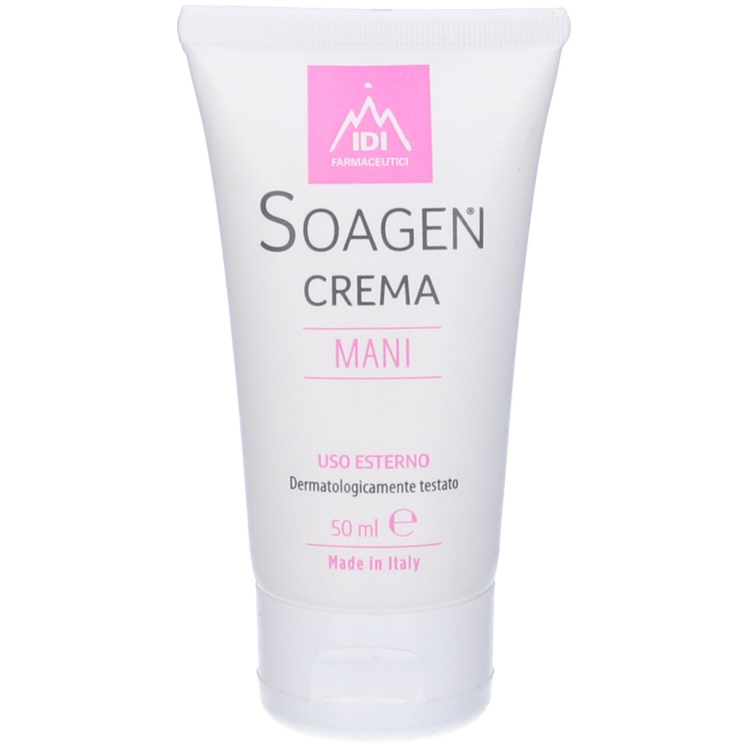 Tubo bianco con logo rosa e scritta "Soagen Crema Mani". Testo: "Uso Esterno", "50 ml", "Made in Italy".