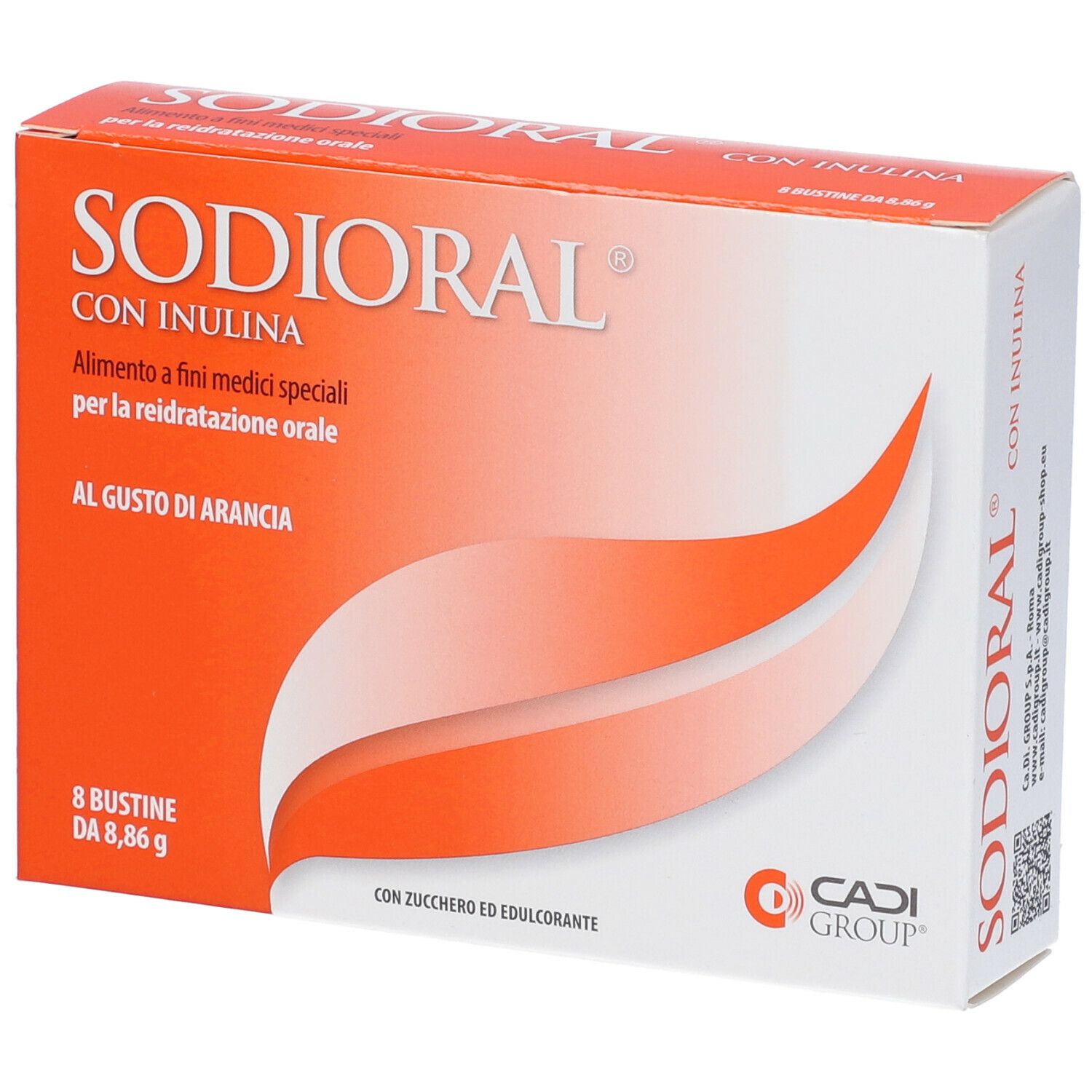 Confezione di Sodioral Con Inulina. Design arancione e bianco, nome del prodotto e logo. Contiene 8 bustine.