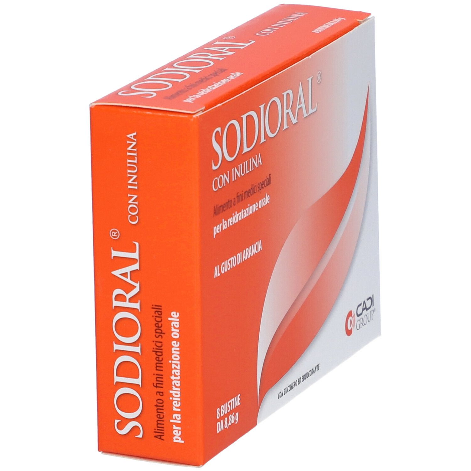 Confezione di Sodioral Con Inulina, arancione e bianca. Nome del prodotto, logo e testo. Scatola squadrata, leggermente inclinata.