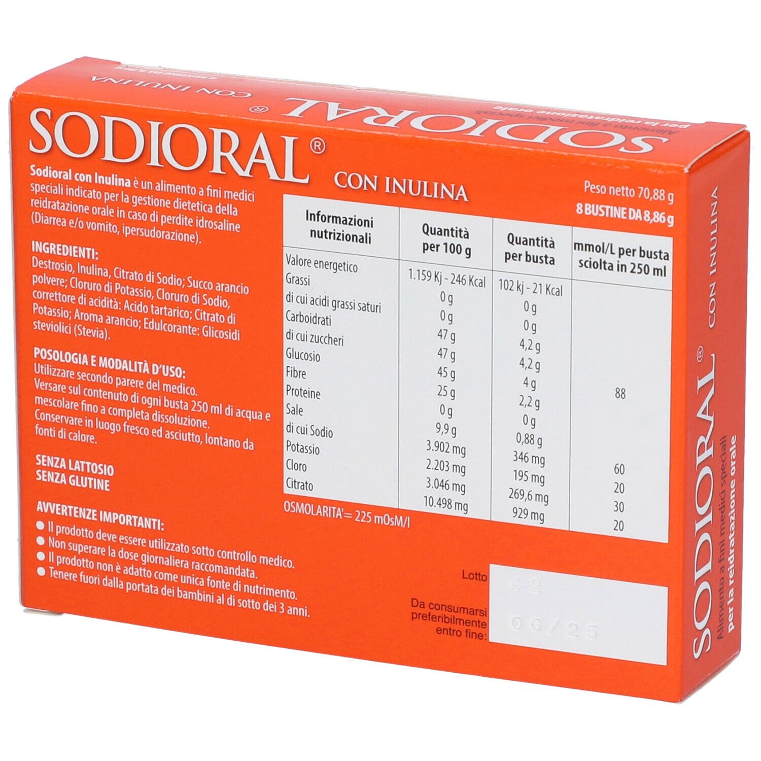 Retro della confezione di Sodioral Con Inulina. Contiene informazioni nutrizionali, ingredienti e avvertenze.