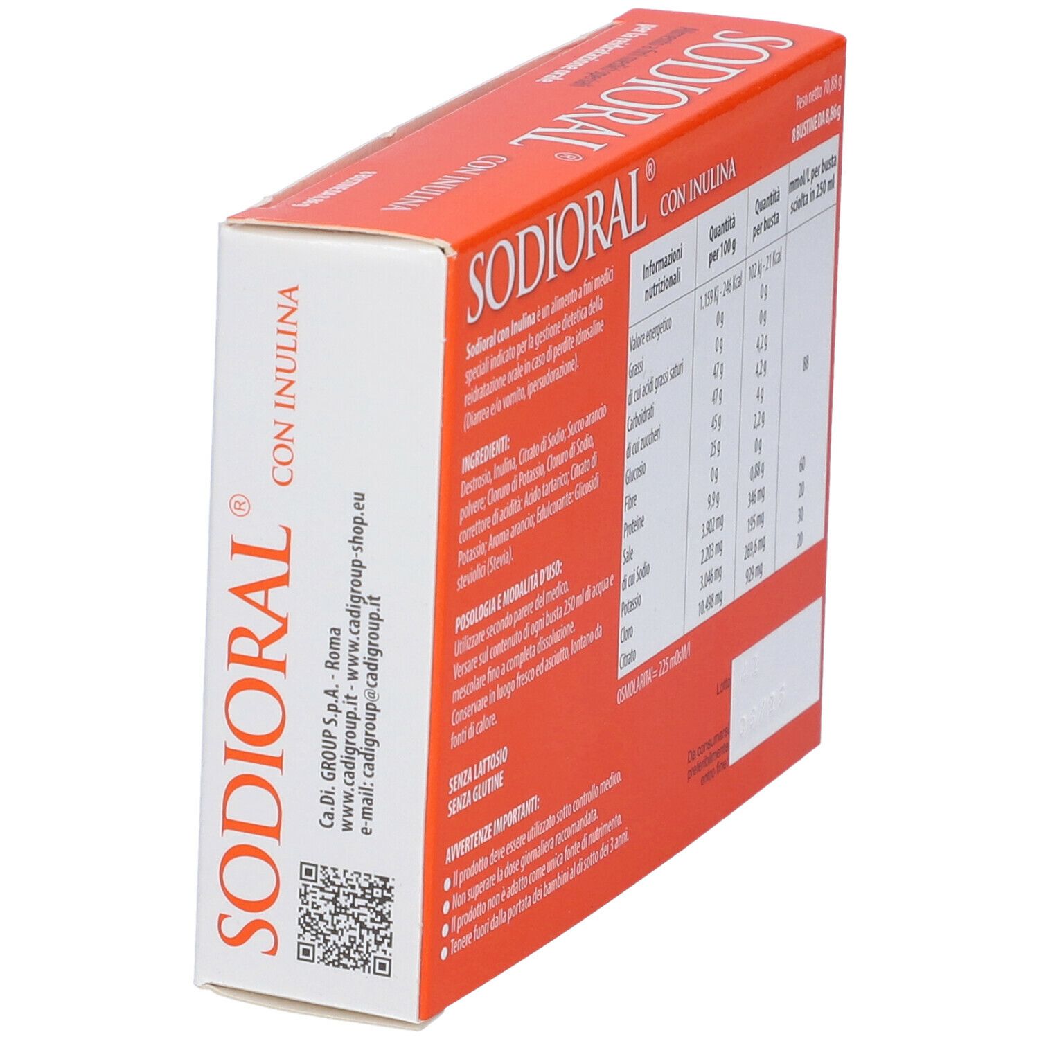 Confezione di Sodioral Con Inulina, in diagonale. Contiene testo e codice QR. Design arancione e bianco.