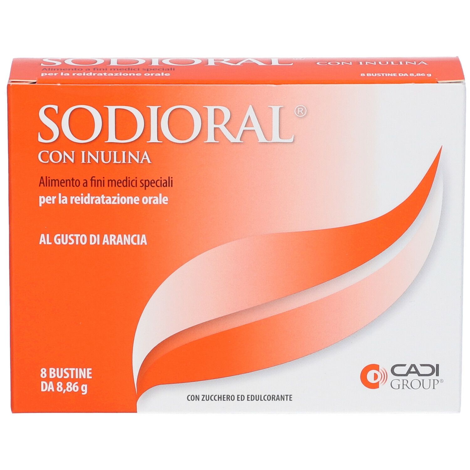 Confezione di Sodioral Con Inulina. Design arancione e bianco. Nome del prodotto, logo e testo. Contiene 8 bustine.
