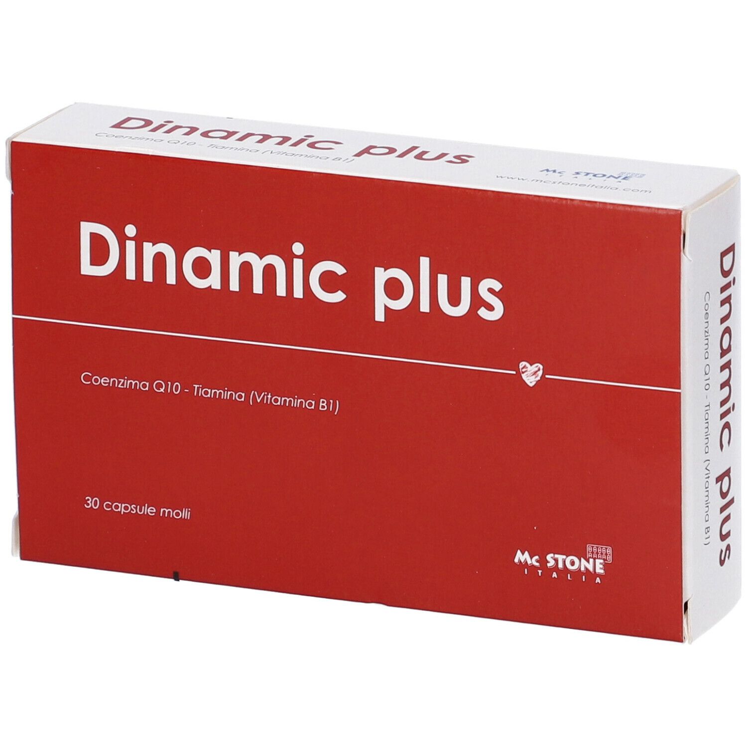 Scatola rossa "Dinamc plus". Contiene 30 capsule molli. Marchio: Mc Stone Italia. Ingredienti: Coenzima Q10, Tiamina (B1).