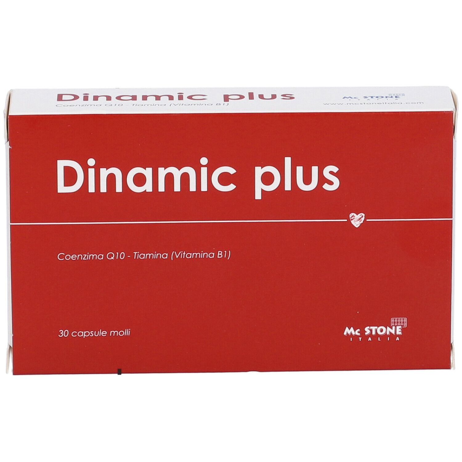 Scatola rossa "Dinamc plus" con scritta bianca. Contiene 30 capsule molli. Marchio: Mc Stone Italia.