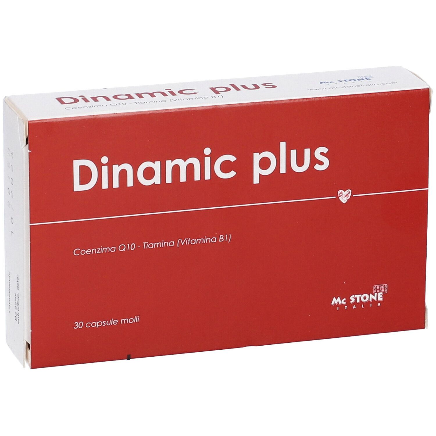 Scatola rossa "Dinamc plus" con scritta bianca. Contiene 30 capsule molli. Marchio: Mc Stone Italia.
