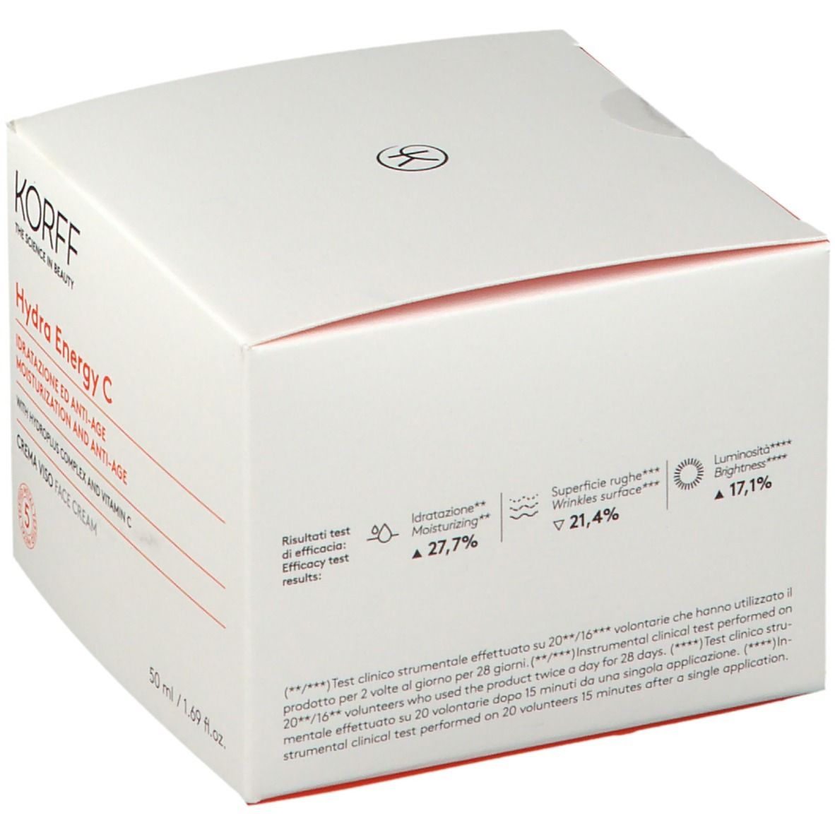 Confezione bianca con KORFF Hydra Energy C. Testo: Idratatione ed Anti-Age, Moisturisation and Anti-Age. Risultati: Idratatione, rughe, luminosità.
