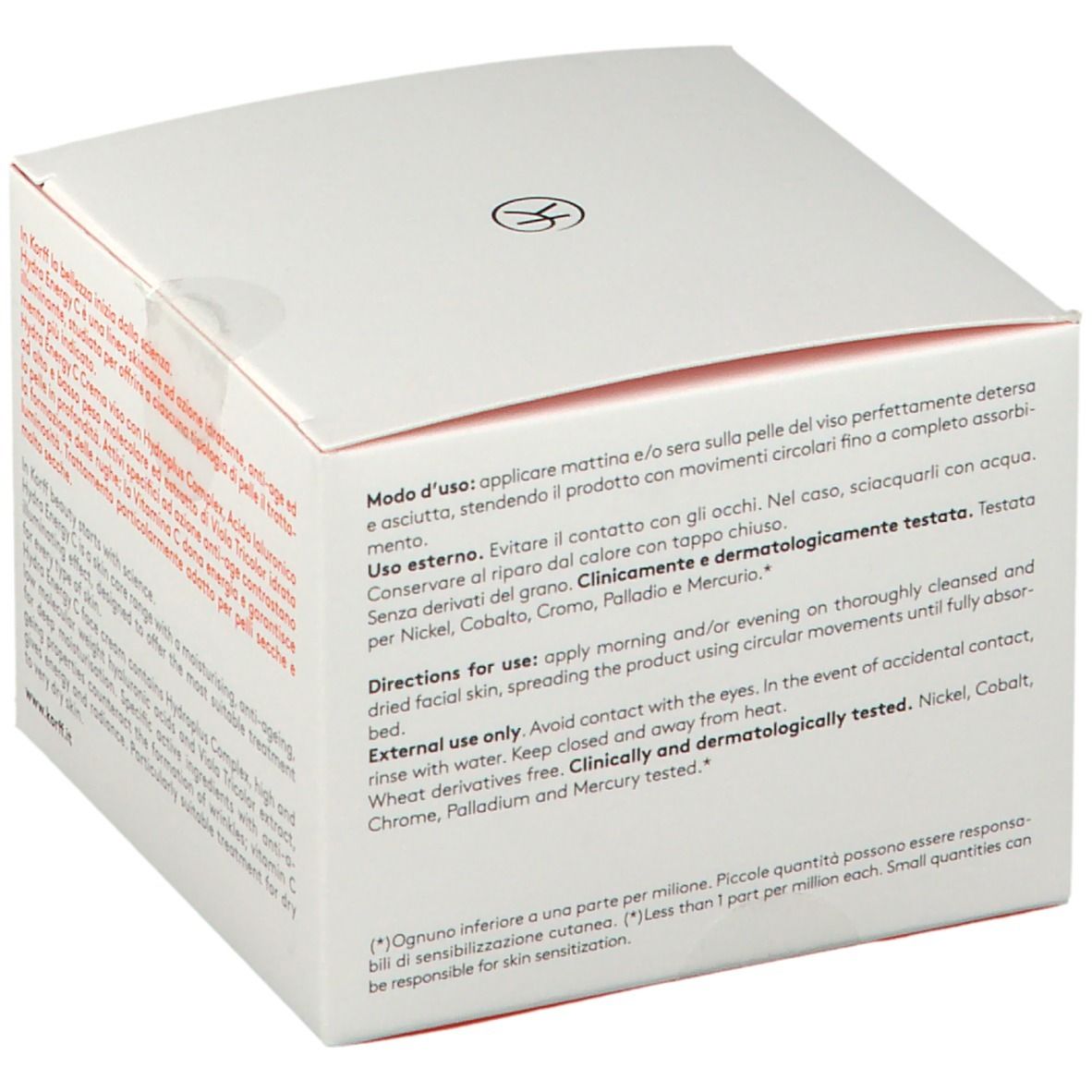 Confezione bianca con testo. KORFF Hydra Energy C. Testo sull'uso e precauzioni. Dermatologicamente testato.