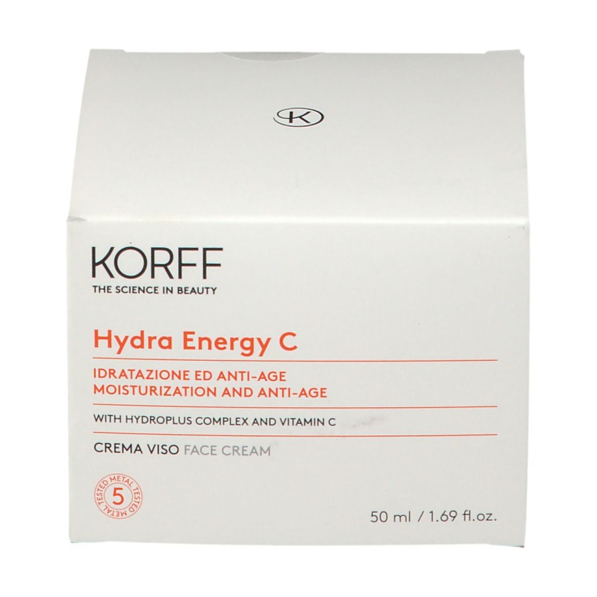 Confezione bianca con KORFF Hydra Energy C. Testo: Idratatione ed Anti-Age, Moisturisation and Anti-Age. 50 ml. Con marchio di qualità.