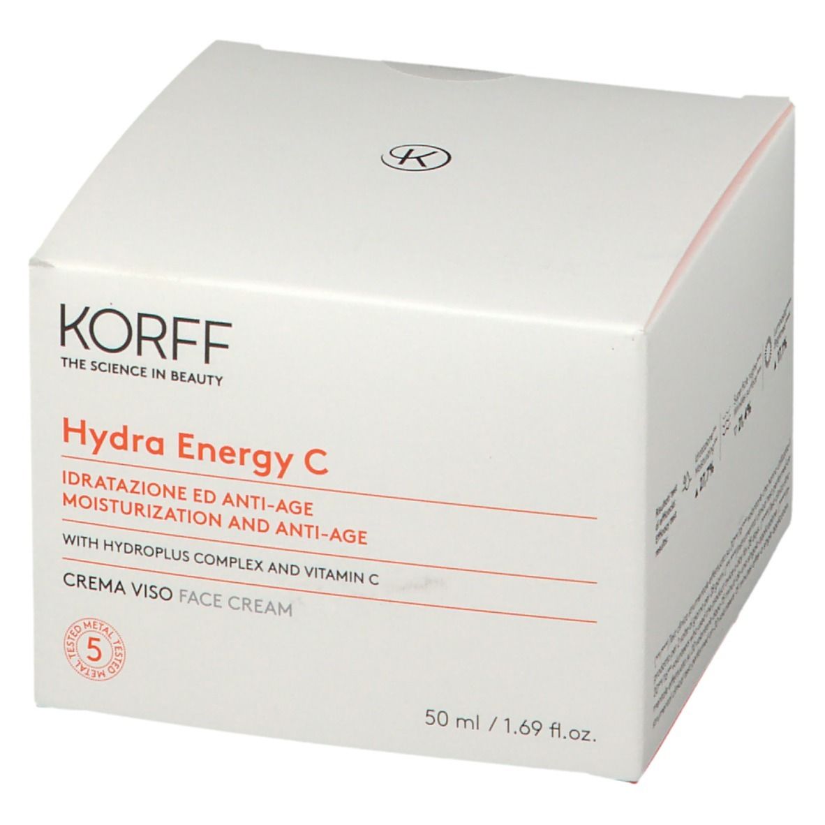 Confezione bianca con KORFF Hydra Energy C. Testo: Idratatione ed Anti-Age, Moisturisation and Anti-Age. 50 ml. Con marchio di qualità.