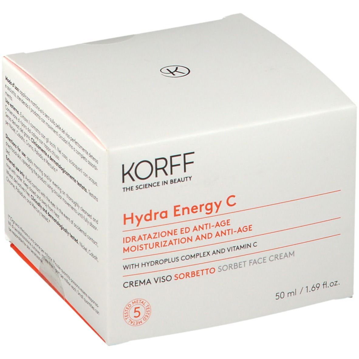 Confezione bianca con informazioni sul prodotto. Scritta: KORFF Hydra Energy C. Logo e nome del prodotto in rosso.