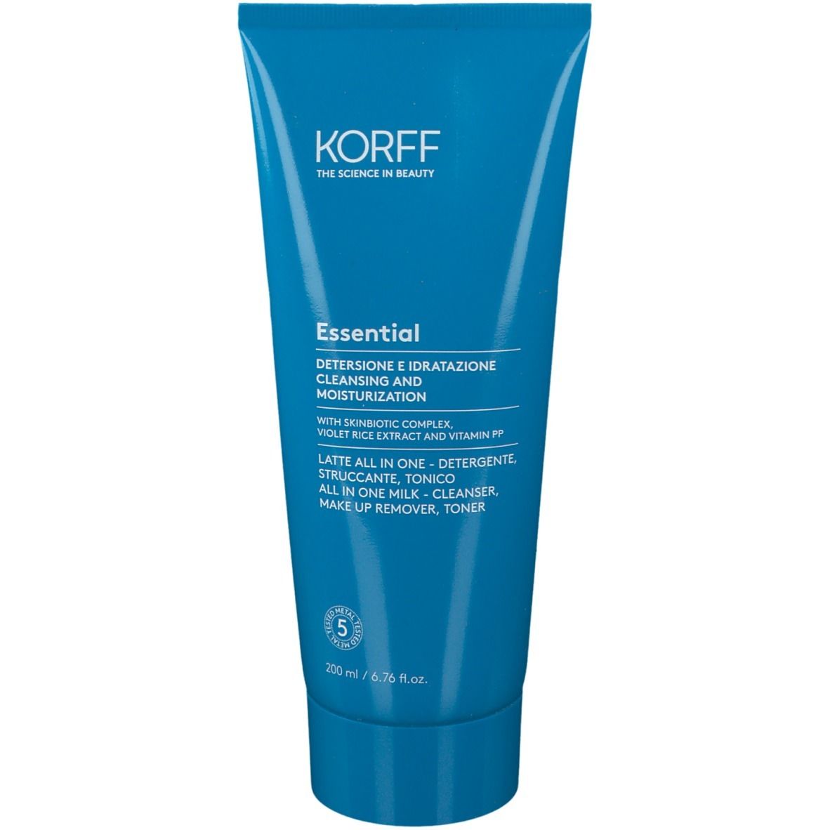 Tubo blu con testo bianco. Contiene KORFF Essential. Testo: Detergenza e idratazione. 200 ml.