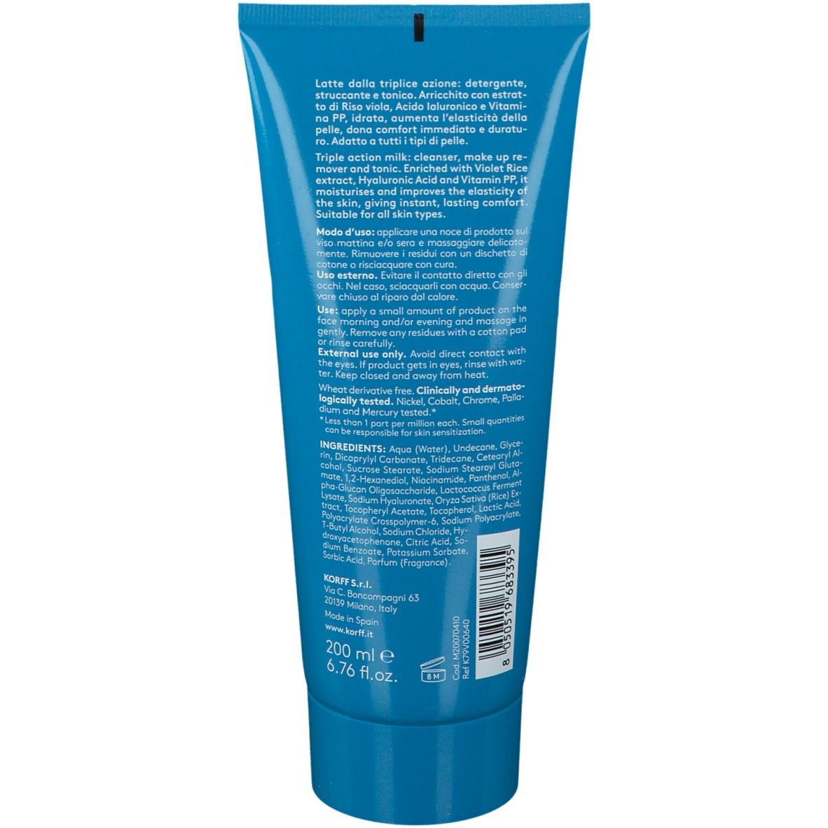 Retro di un tubo blu. Testo multilingue. Contiene ingredienti, istruzioni e informazioni del produttore. 200 ml.
