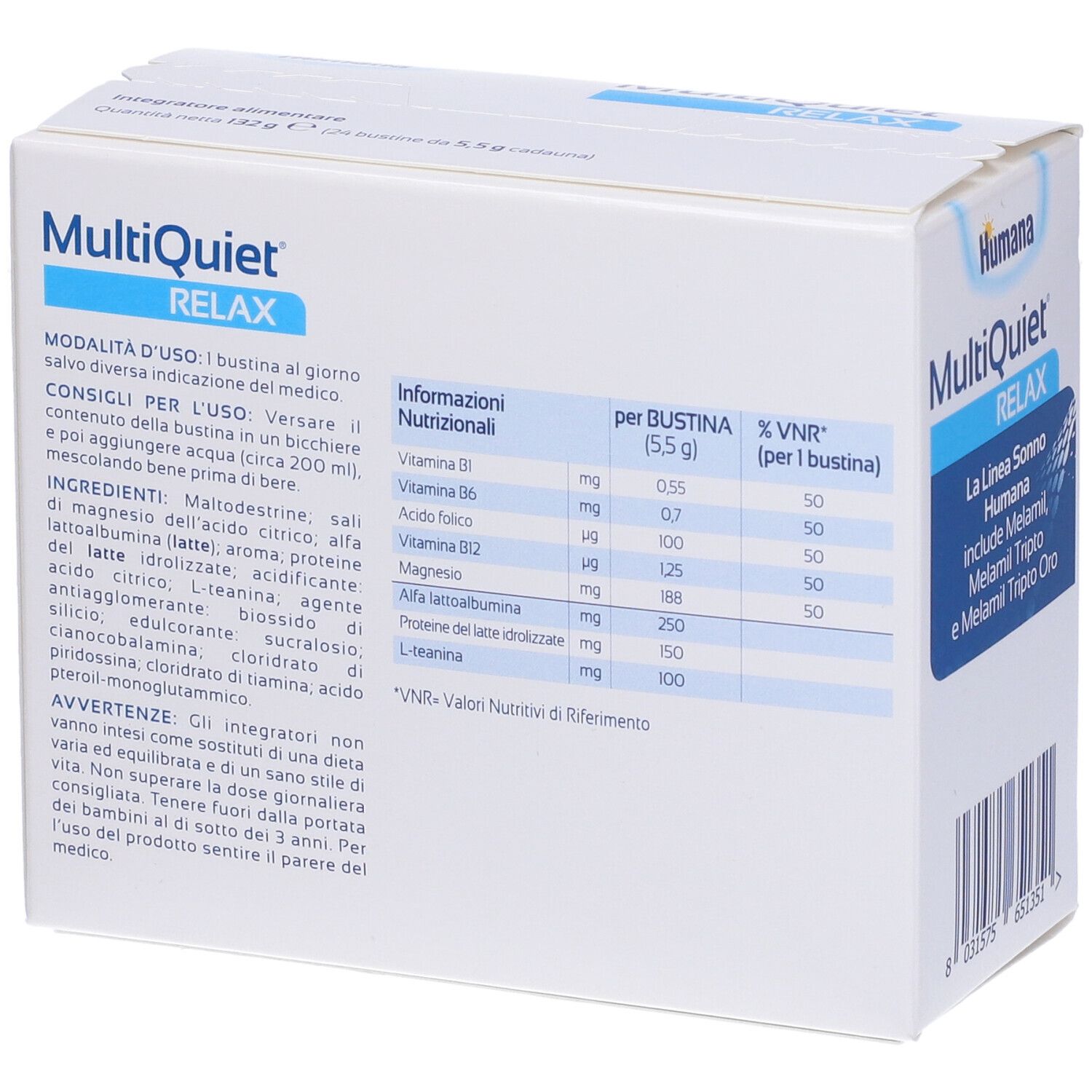 Retro della scatola con informazioni nutrizionali e ingredienti. "MultiQuiet RELAX" e logo Humana visibili.