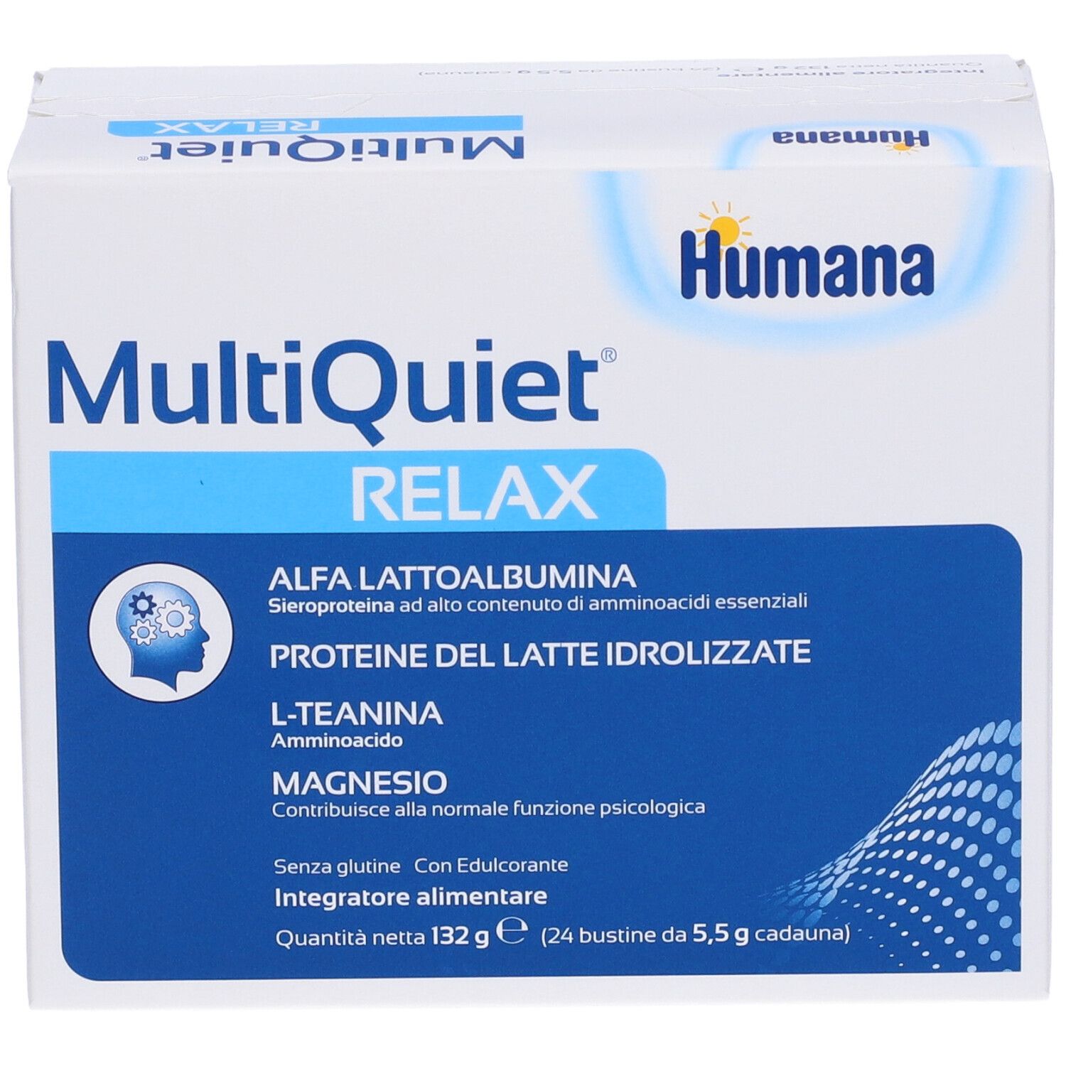 Scatola bianca con "MultiQuiet RELAX" e logo Humana. Contiene alfa-lattoalbumina, proteine, L-teanina e magnesio.