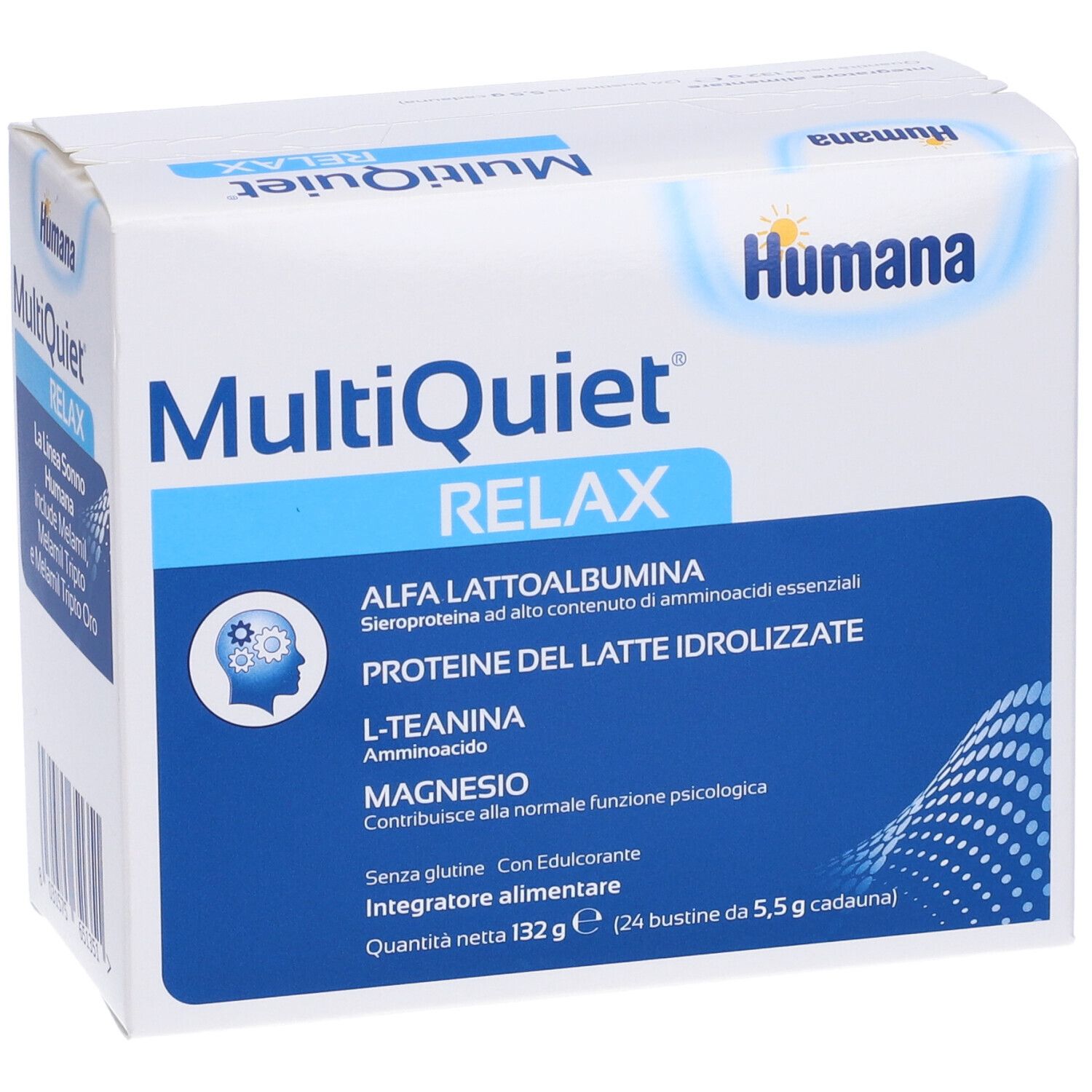 Scatola bianca con "MultiQuiet RELAX" e logo Humana. Contiene alfa-lattoalbumina, proteine, L-teanina e magnesio.