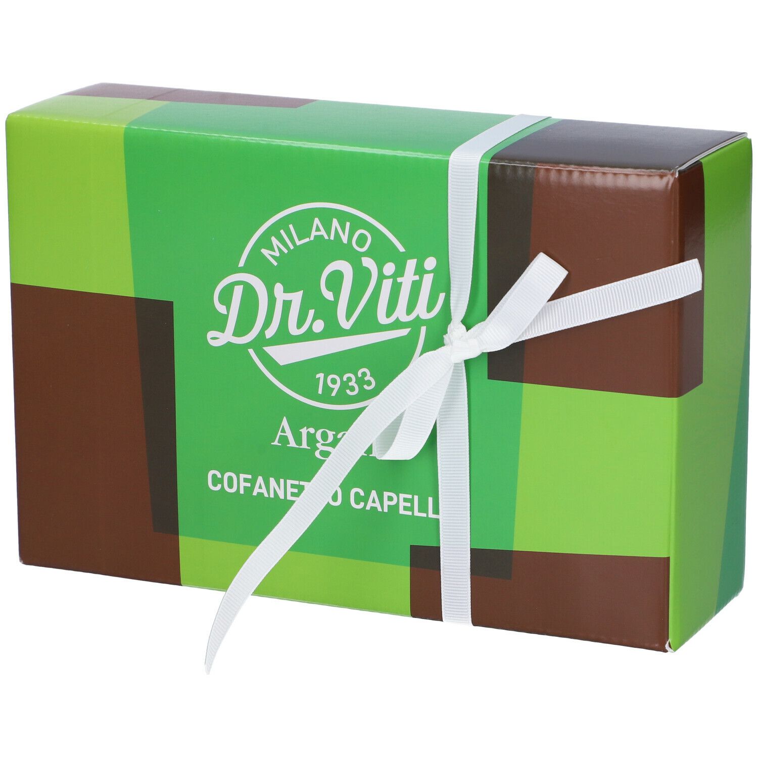 Confezione Marco Viti Argan Cofanetto Capelli. Scatola verde-marrone con fiocco bianco. Scritta: Dr. Viti, Argan, Cofanetto Capelli.
