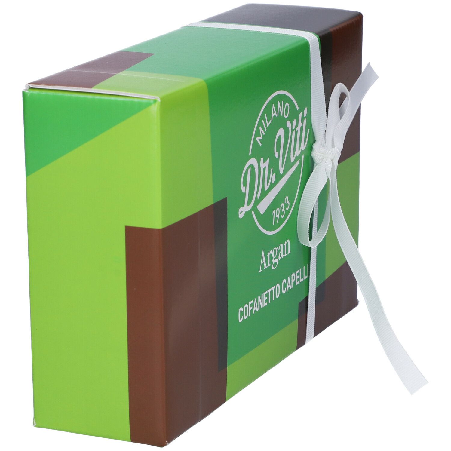 Confezione Marco Viti Argan Cofanetto Capelli. Scatola verde-marrone con nastro bianco. Scritta: Dr. Viti, Argan, Cofanetto Capelli.
