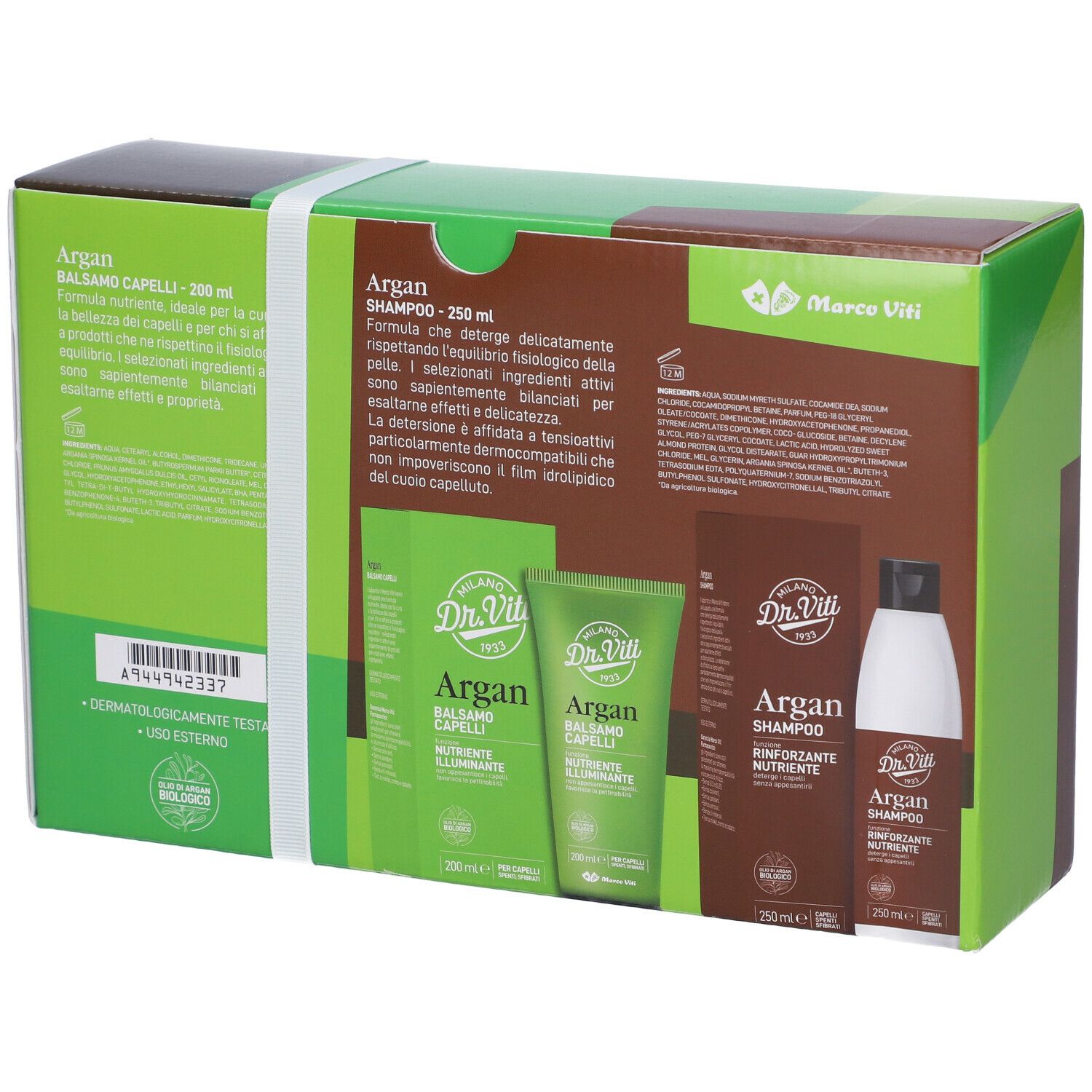 Retro confezione Marco Viti Argan Cofanetto Capelli. Contiene shampoo e balsamo. Testo e logo Dr. Viti.
