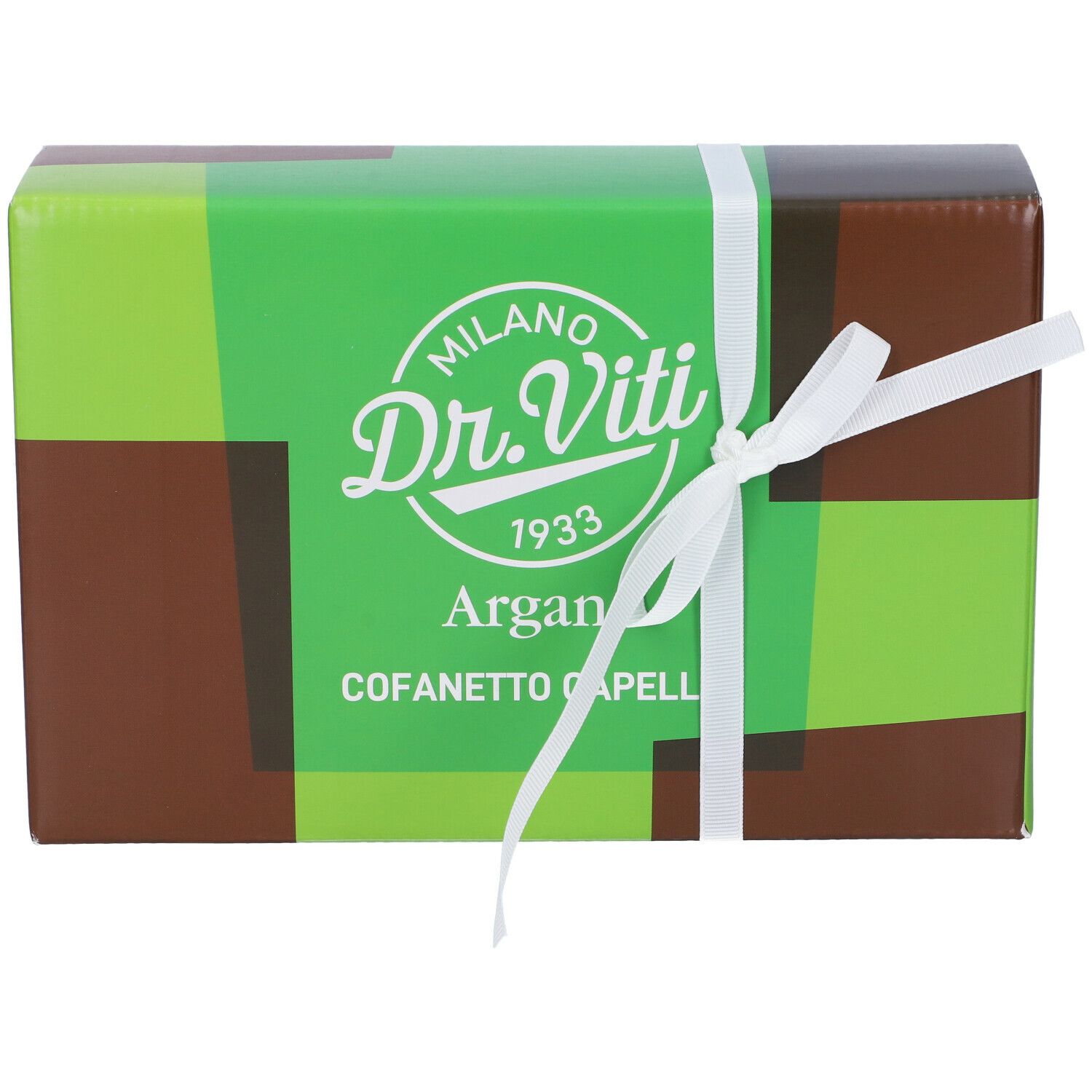 Confezione Marco Viti Argan Cofanetto Capelli. Scatola verde-marrone con fiocco bianco. Scritta: Dr. Viti, Argan, Cofanetto Capelli.