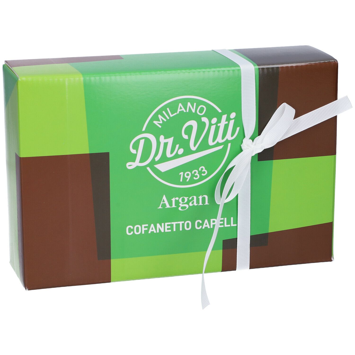 Confezione Marco Viti Argan Cofanetto Capelli. Scatola verde-marrone con fiocco bianco. Scritta: Dr. Viti, Argan, Cofanetto Capelli.