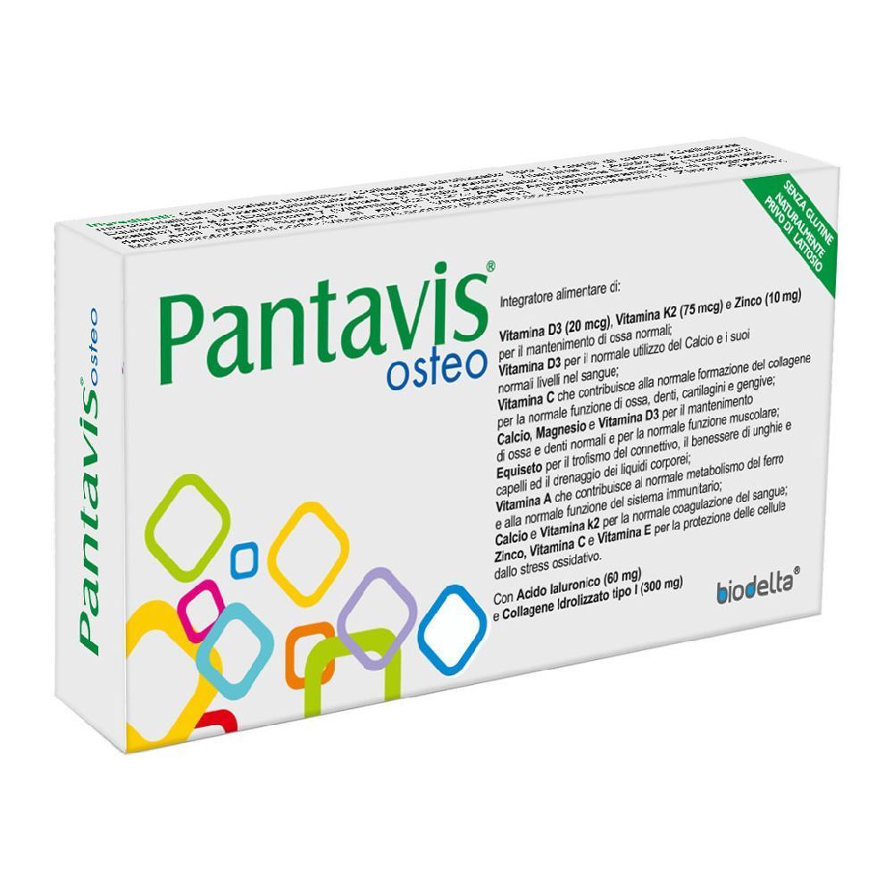 Scatola bianca con logo "Pantavis osteo". Contiene forme geometriche colorate. Testo: "Integratore alimentare".