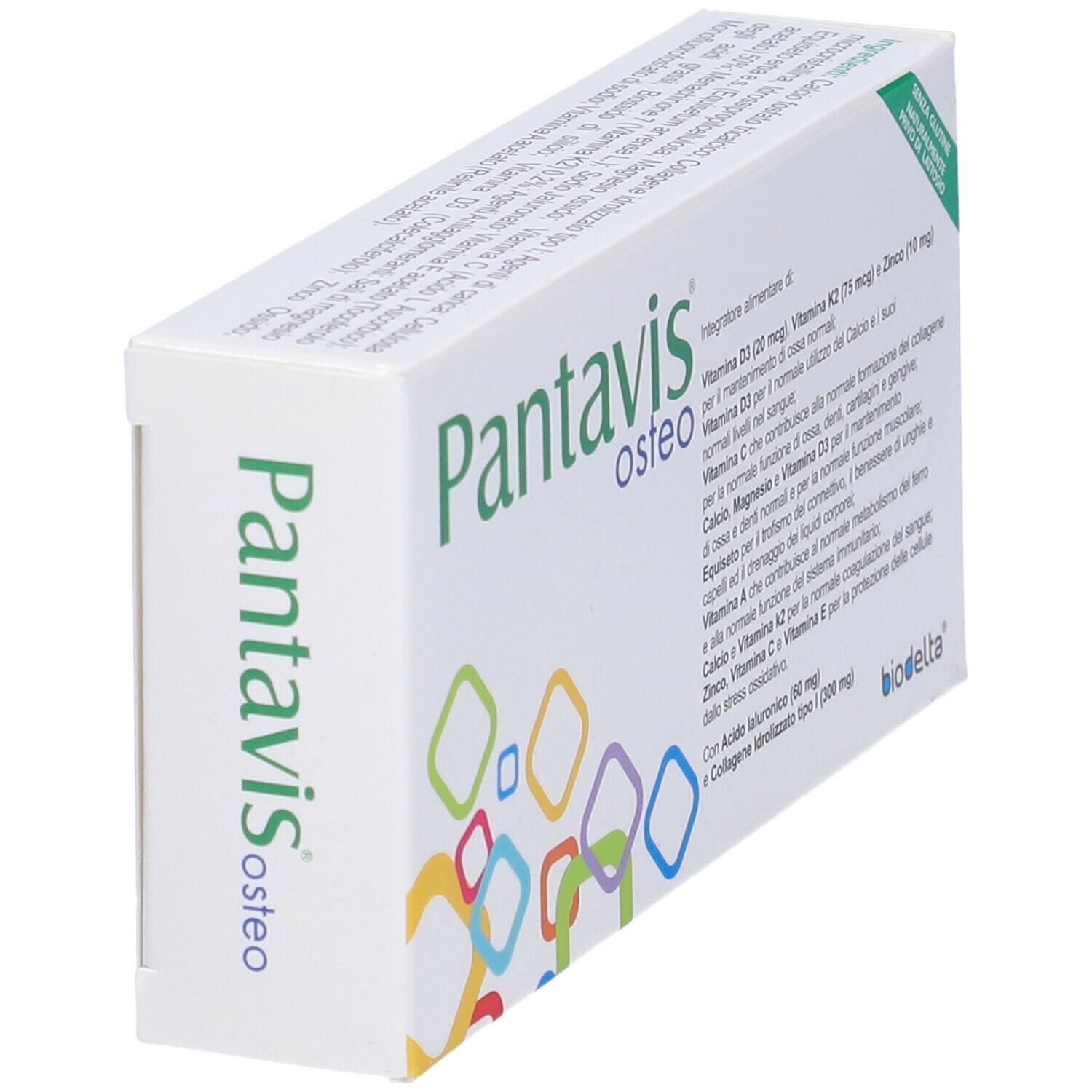 Scatola bianca con logo "Pantavis osteo". Contiene forme geometriche colorate. Testo: "Integratore alimentare".