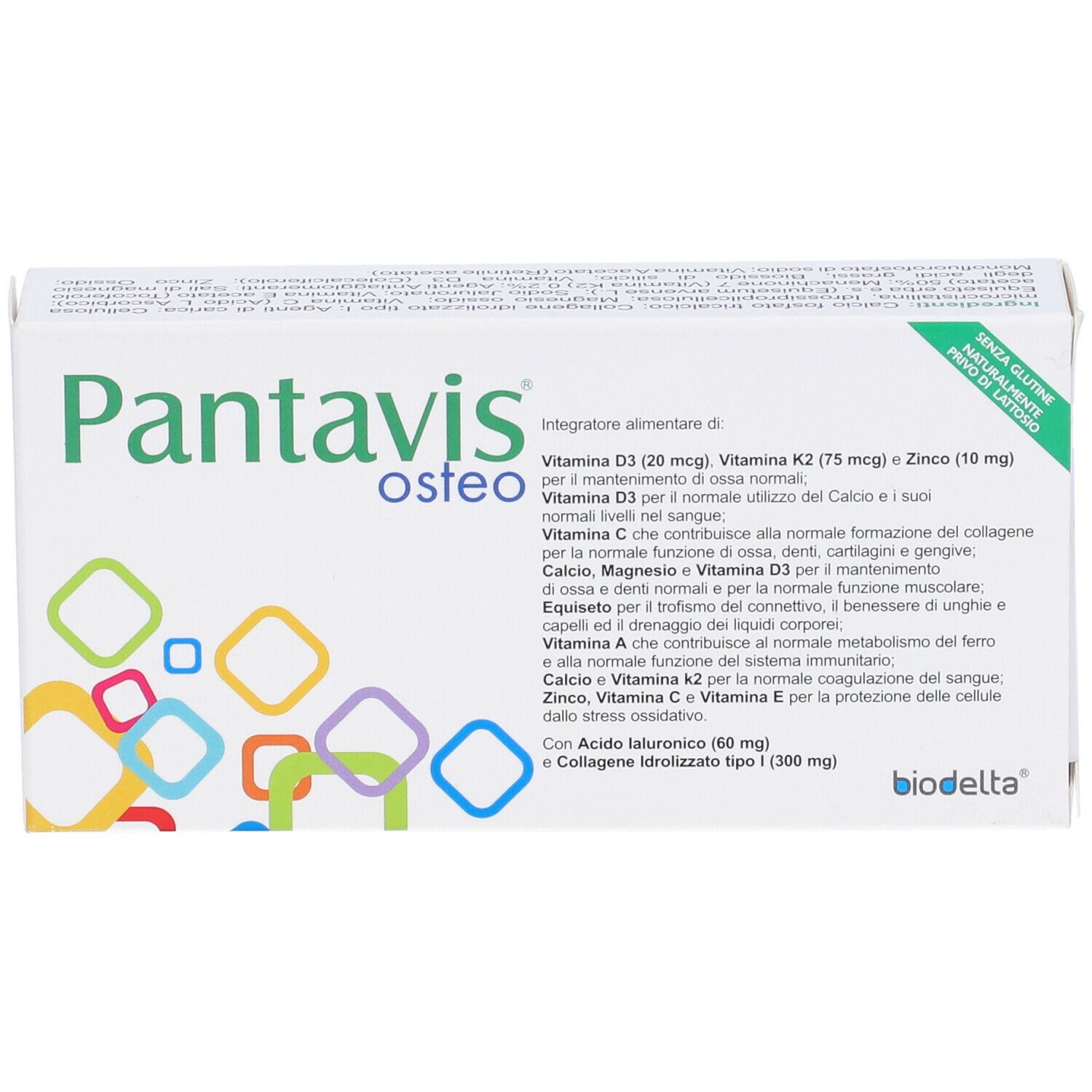 Scatola bianca con logo "Pantavis osteo". Contiene forme geometriche colorate. Testo: "Integratore alimentare".
