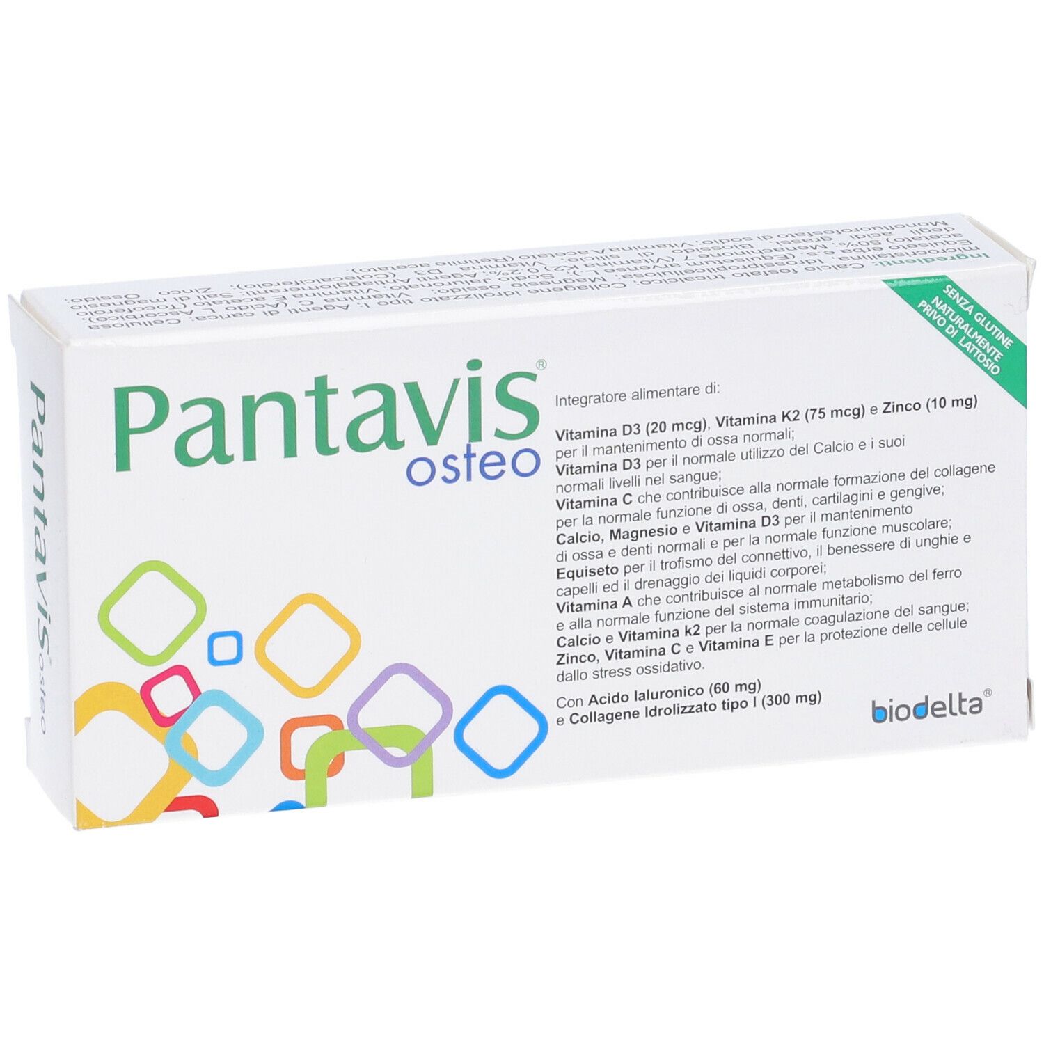 Scatola bianca con logo "Pantavis osteo". Contiene forme geometriche colorate. Testo: "Integratore alimentare".