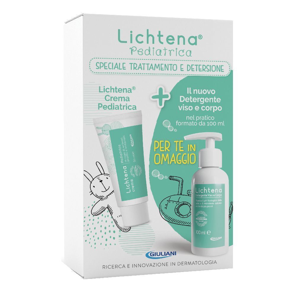 Coffret bébé Lichtena® Pédiatrique. Crème et nettoyant pour le visage et le corps. Emballage blanc avec illustrations.