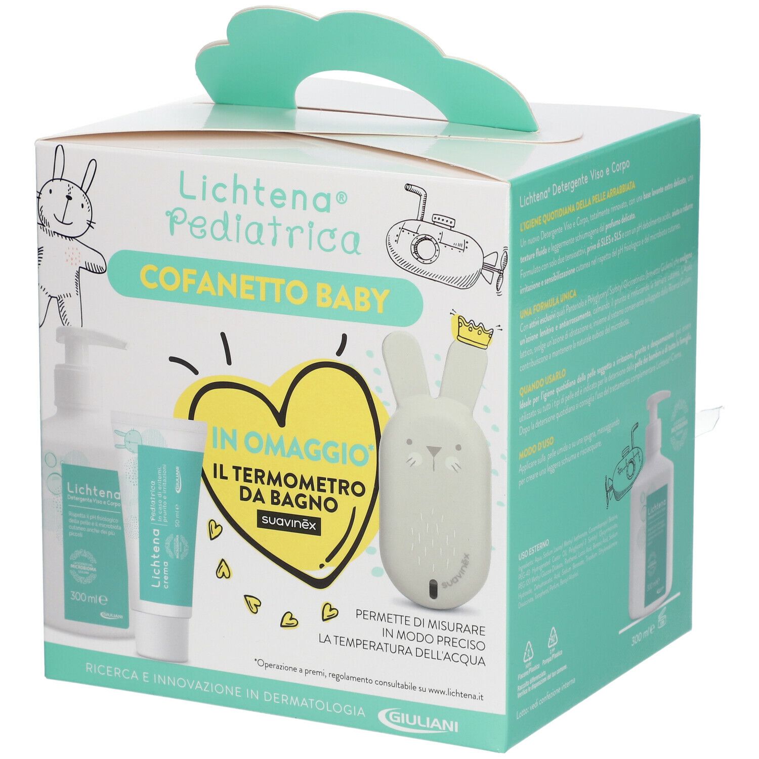 Coffret bébé Lichtena® Pédiatrique. Crème, nettoyant et thermomètre de bain. Emballage avec poignée.