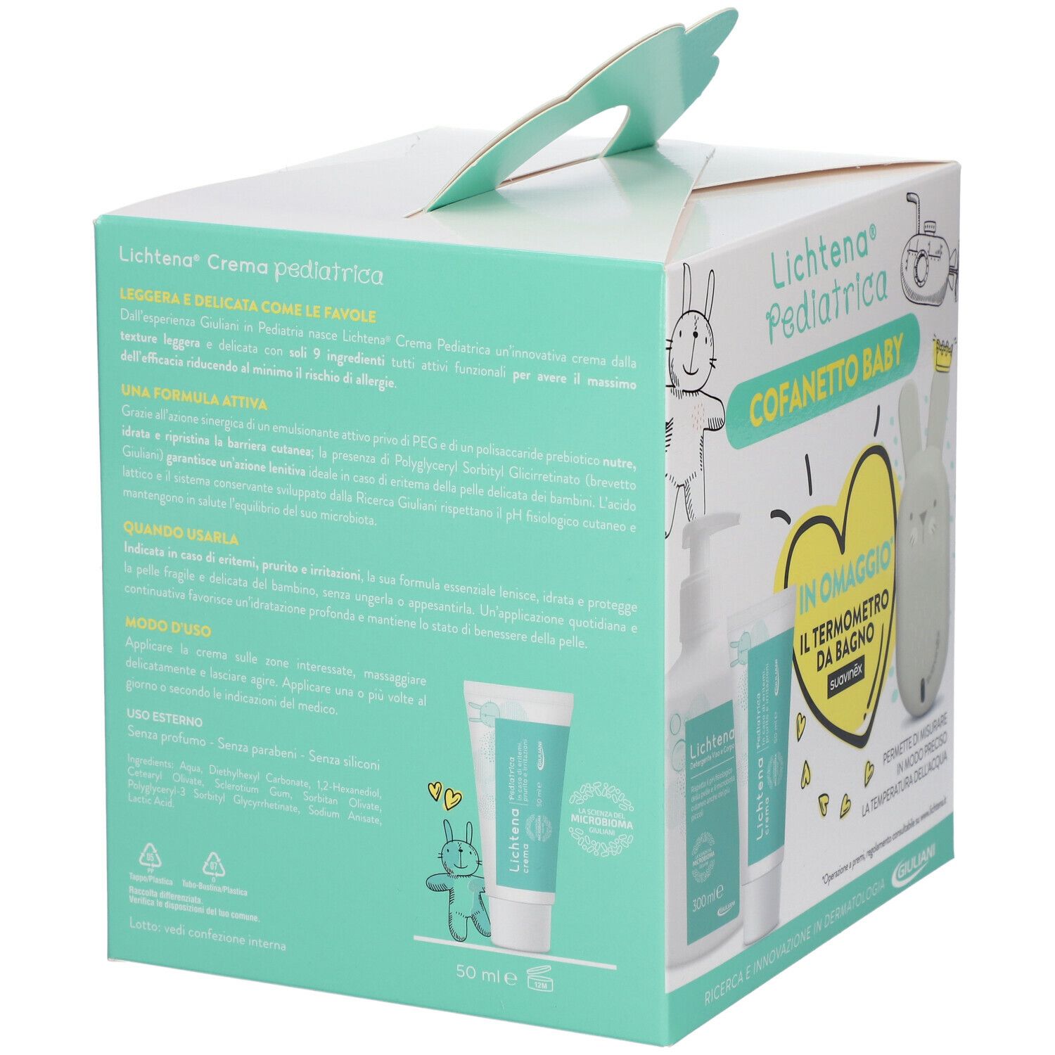 Dos du coffret bébé Lichtena® Pédiatrique. Texte et illustrations sur carton blanc.