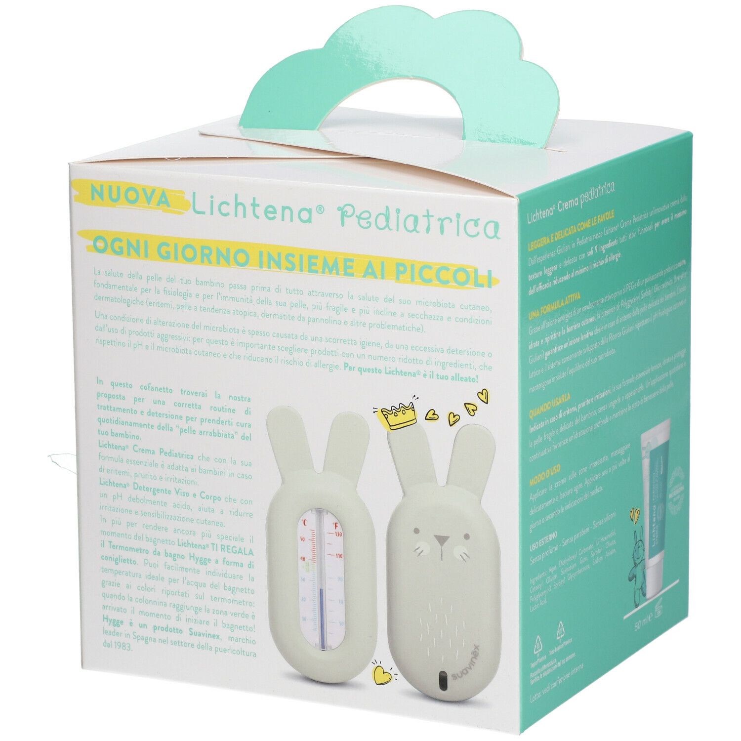 Coffret bébé Lichtena® Pédiatrique. Contient un thermomètre de bain. Emballage avec poignée et illustrations.