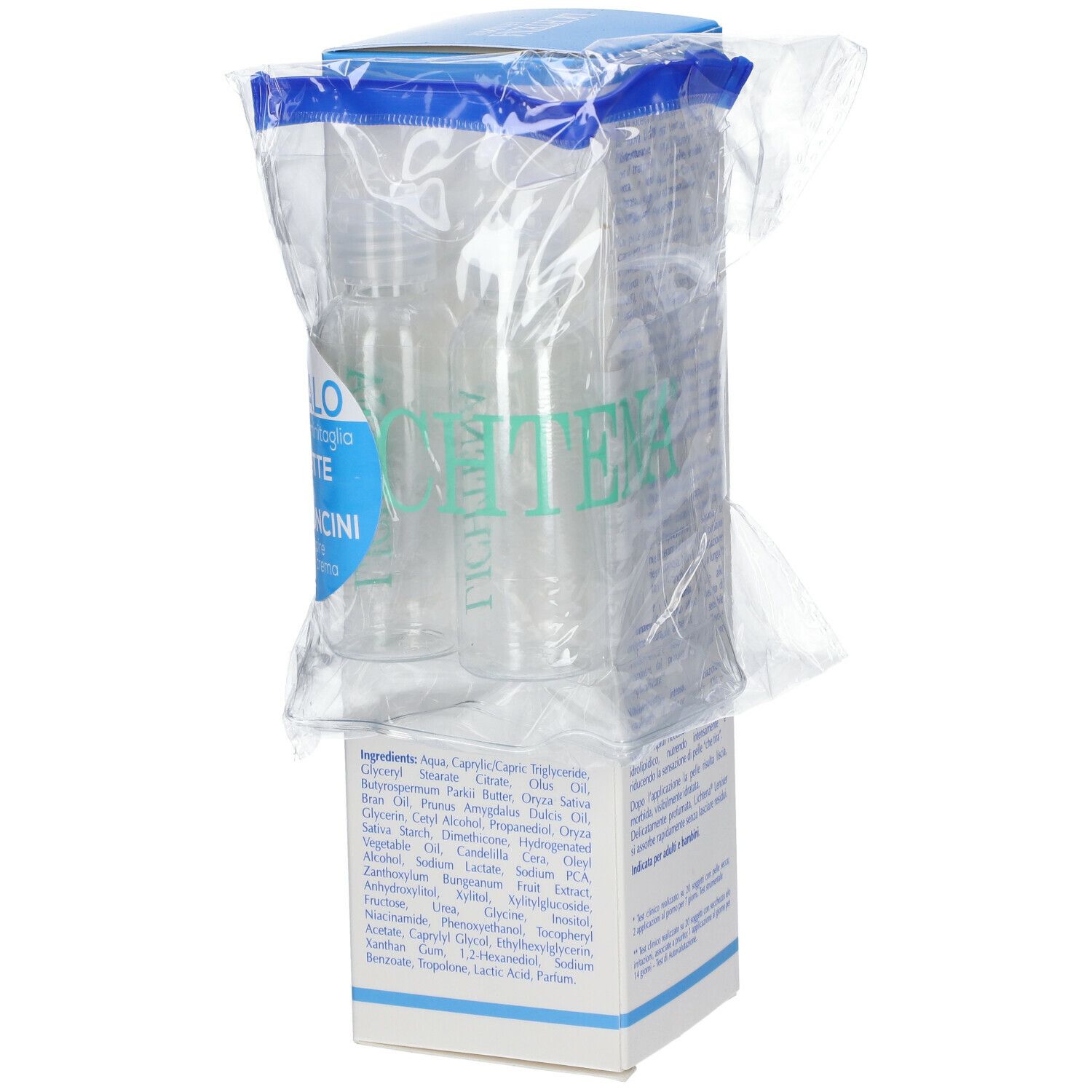 Confezione di LICHTENA® Lenixer. Due flaconi in plastica trasparente. Scritta: Crema Corpo Ristrutturante. Lista ingredienti.