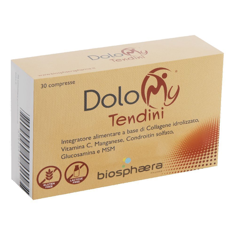 Scatola del prodotto con testo. Scritto: Dolomy Tendini, 30 compresse. Senza glutine e senza lattosio.