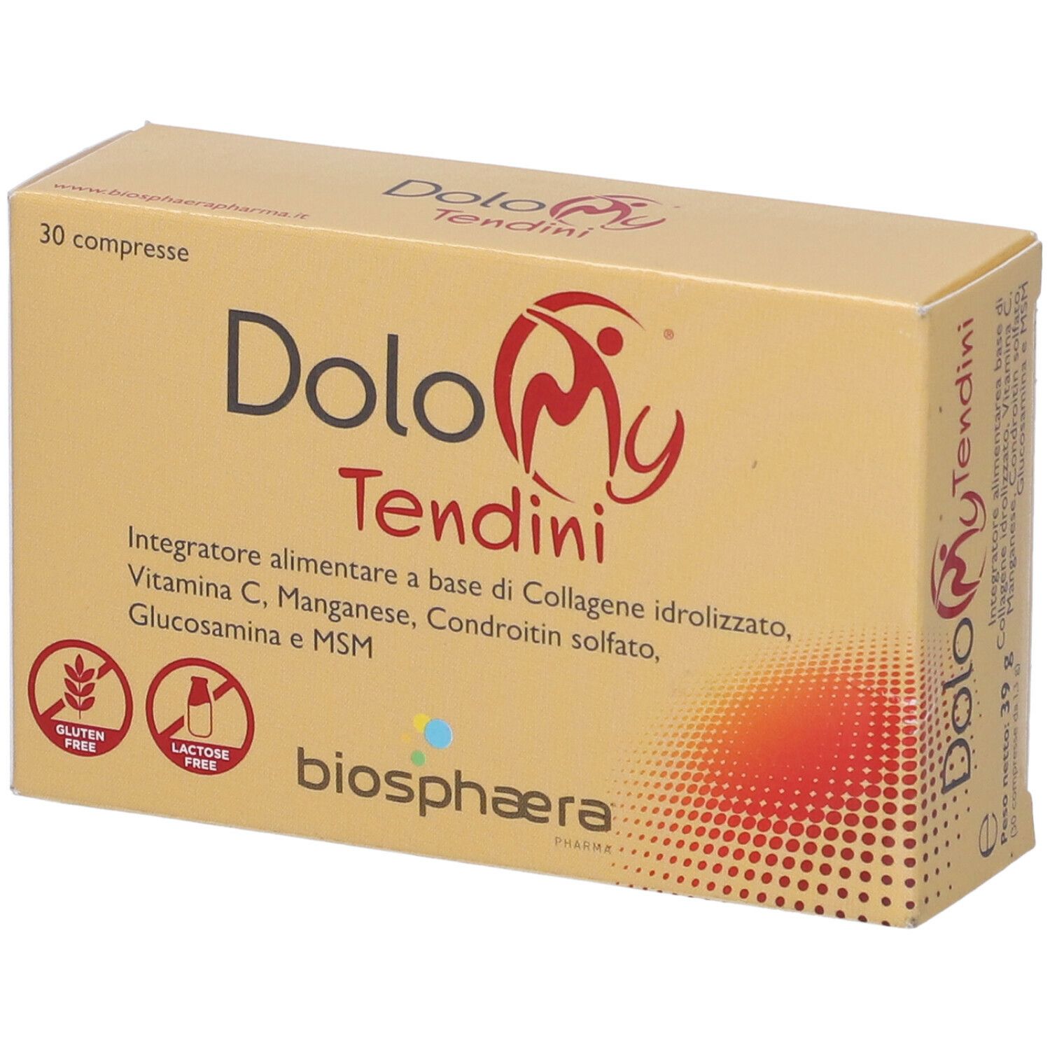 Confezione del prodotto con testo: Dolomy Tendini, 30 compresse. Senza glutine e senza lattosio. Marchio Biosphaera.