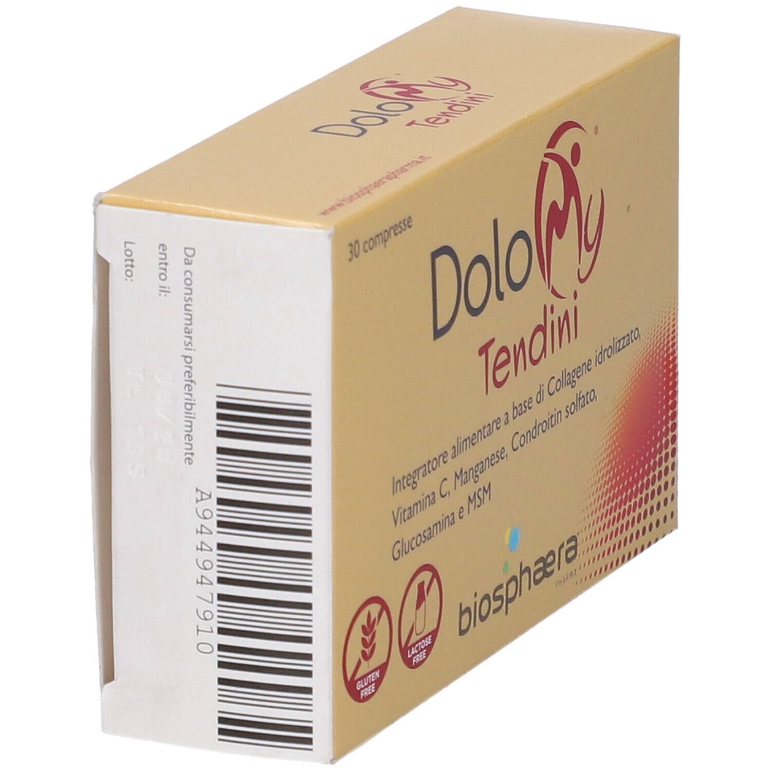 Confezione del prodotto con testo: Dolomy Tendini, 30 compresse. Senza glutine e senza lattosio. Marchio Biosphaera.