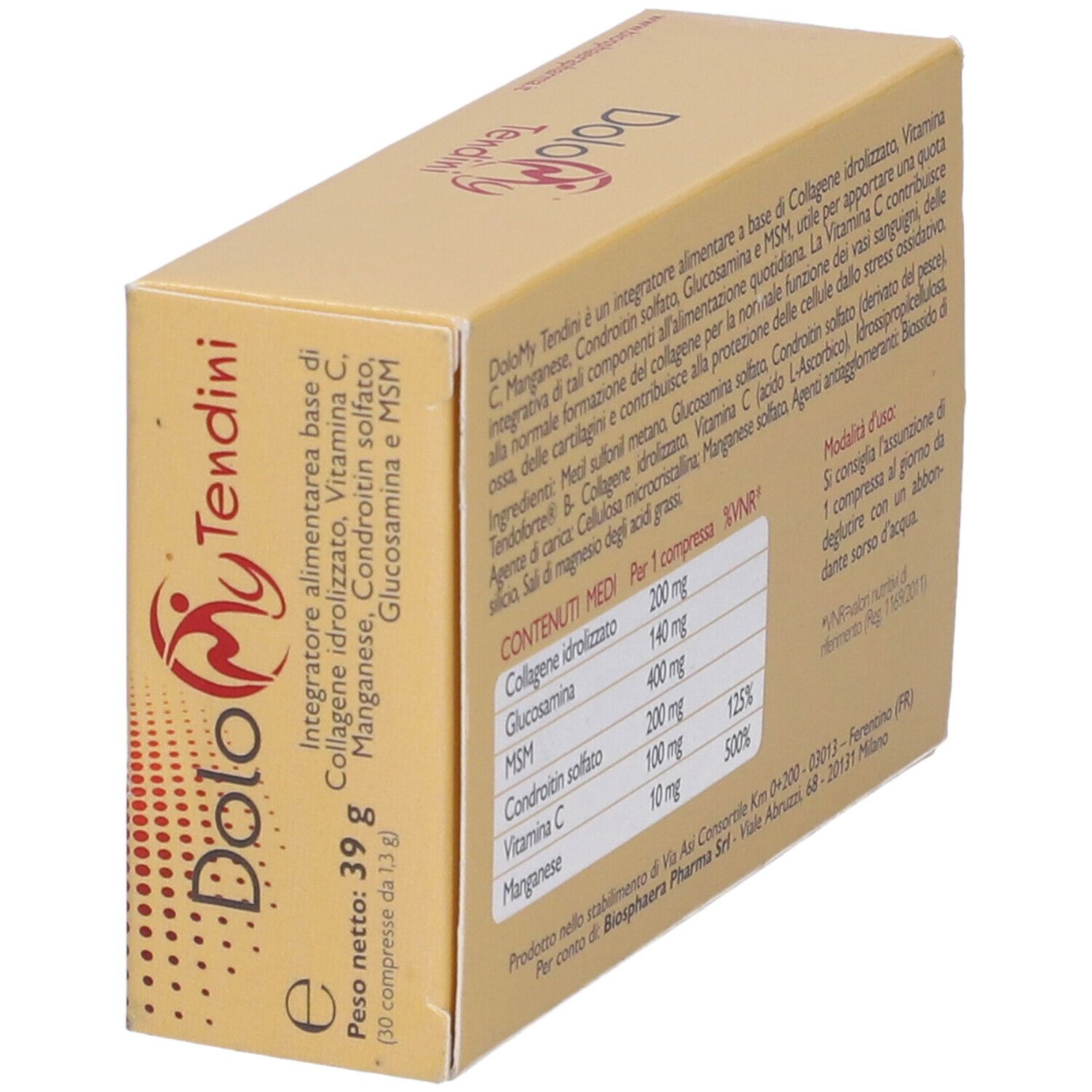 Confezione del prodotto con testo: Dolomy Tendini, 30 compresse. Ingredienti e tabella nutrizionale.