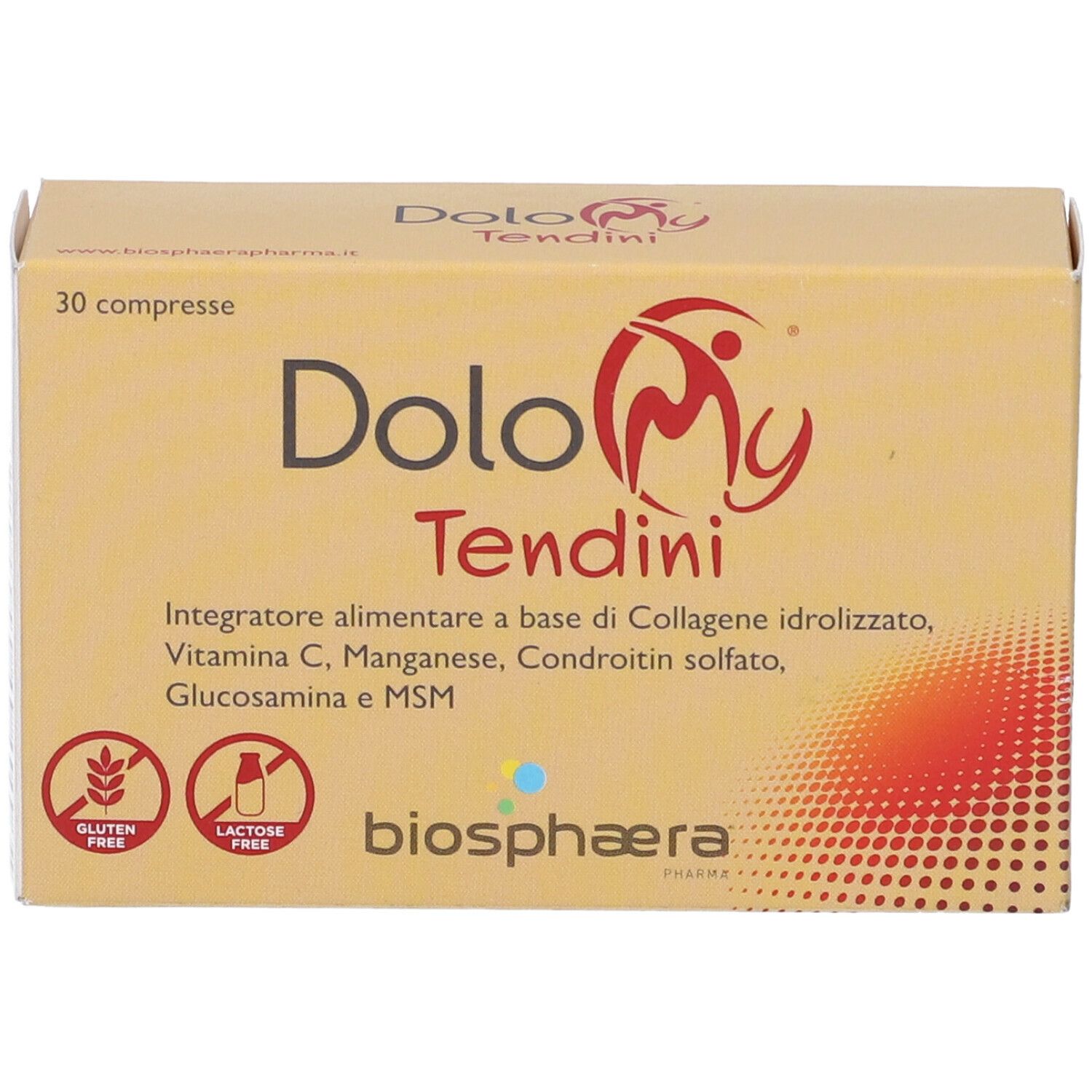 Confezione del prodotto con testo: Dolomy Tendini, 30 compresse. Senza glutine e senza lattosio. Marchio Biosphaera.