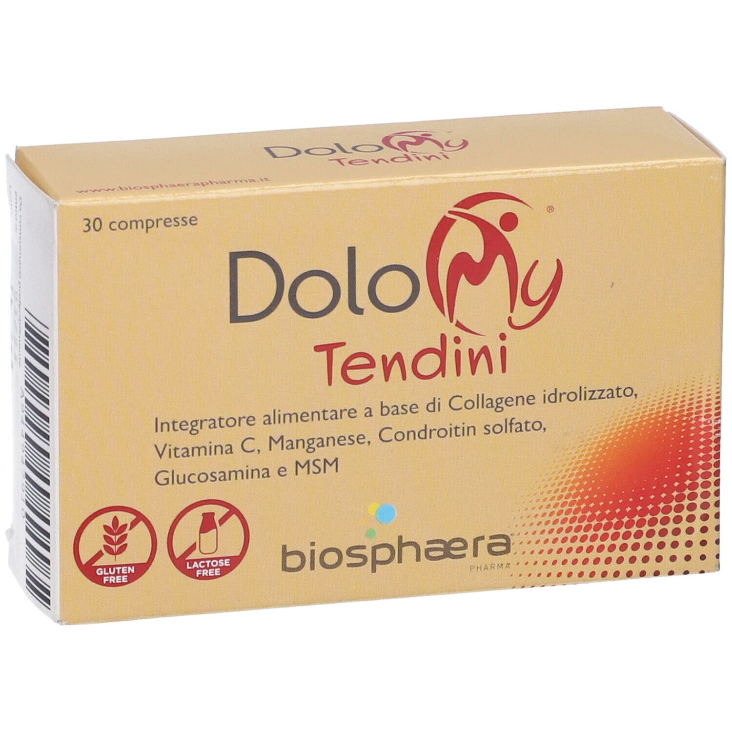 Confezione del prodotto con testo: Dolomy Tendini, 30 compresse. Senza glutine e senza lattosio. Marchio Biosphaera.