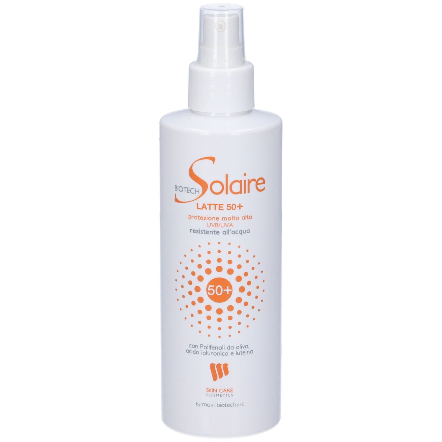 Flacone spray bianco con scritta arancione. Nome prodotto: Solaire Latte 50+. Fattore di protezione solare 50+.