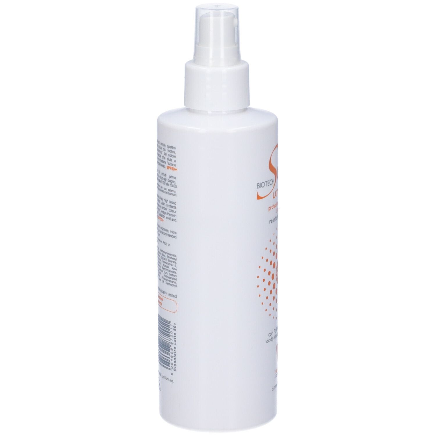 Flacone spray bianco, vista laterale. Testo sul retro. Nome prodotto: Solaire Latte 50+.